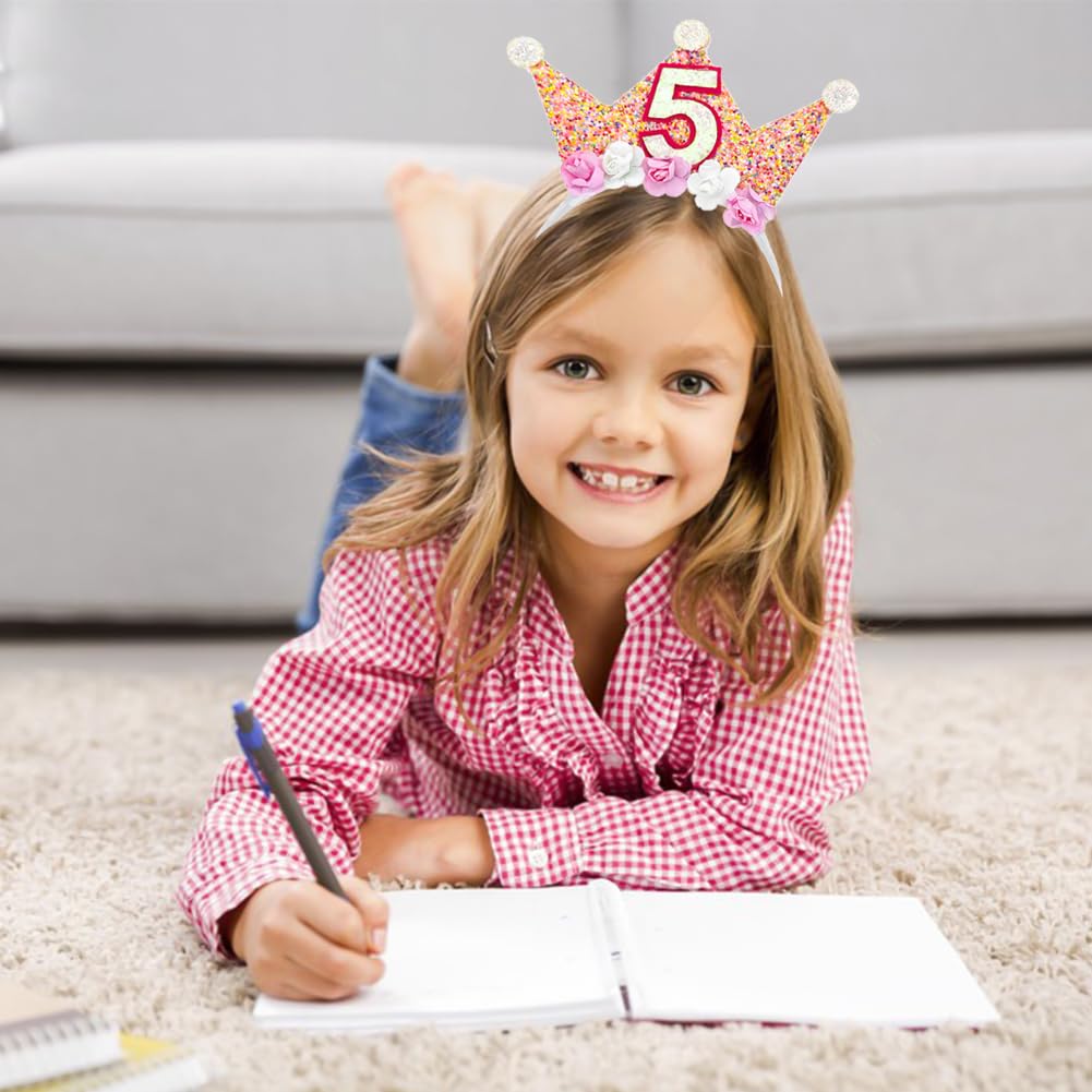 5th Birthday Crown Headbands for Women - Flower Princess Tiara Hair Accessory - Happy 5th Birthday Party Decorations - Perfect for Birthday Parties, Photo Shoots & Special Celebrations