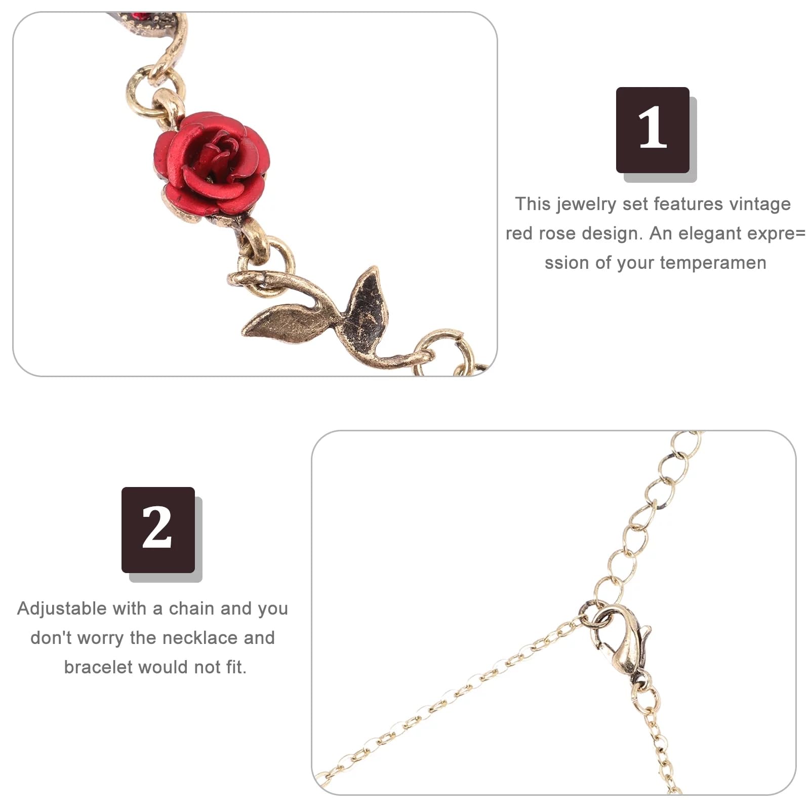 Vintage Rose Flower Jewelry Set for Women - 3Pcs Red Rose Necklace, Earrings & Bracelet - Elegant Bridal Wedding, Prom, Valentine's Day Gift - Perfect for Anniversary, Birthday Party & Special Occasions