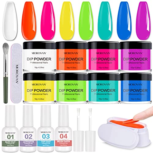 Morovan 17-Piece Dip Powder Nail Kit Starter Set with 8 Colors - Professional Dipping Powder Liquid, Activator, Base & Top Coat for Beginners | DIY Quick Dry Manicure at Home, No UV Lamp Needed | Perfect for Salon-Quality Nails & Gift Giving