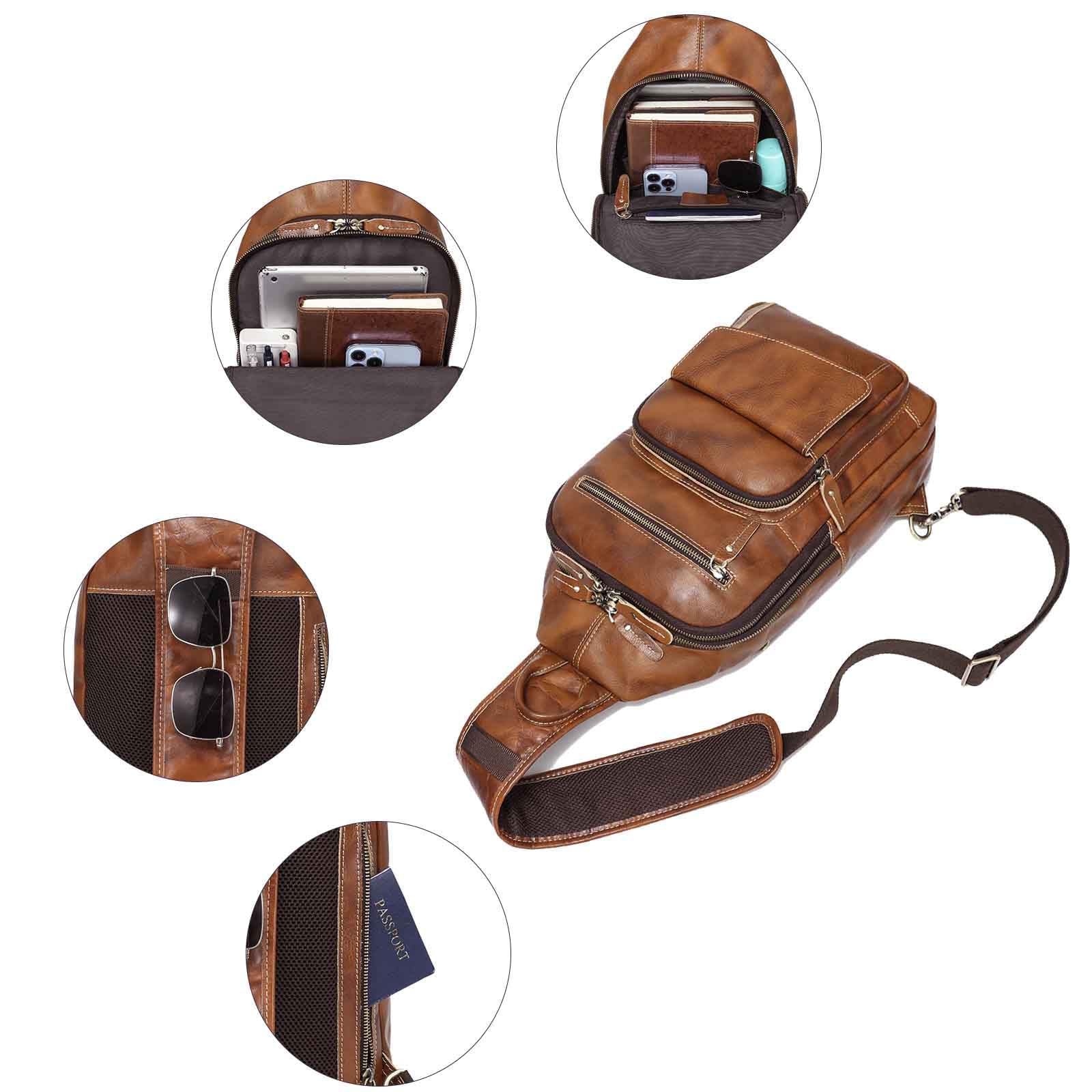 LANNSYNE Genuine Full Grain Leather Crossbody Sling Bag for Men - Waterproof Chest Shoulder Bag for Hiking, Travel & Business - Fits 12.9