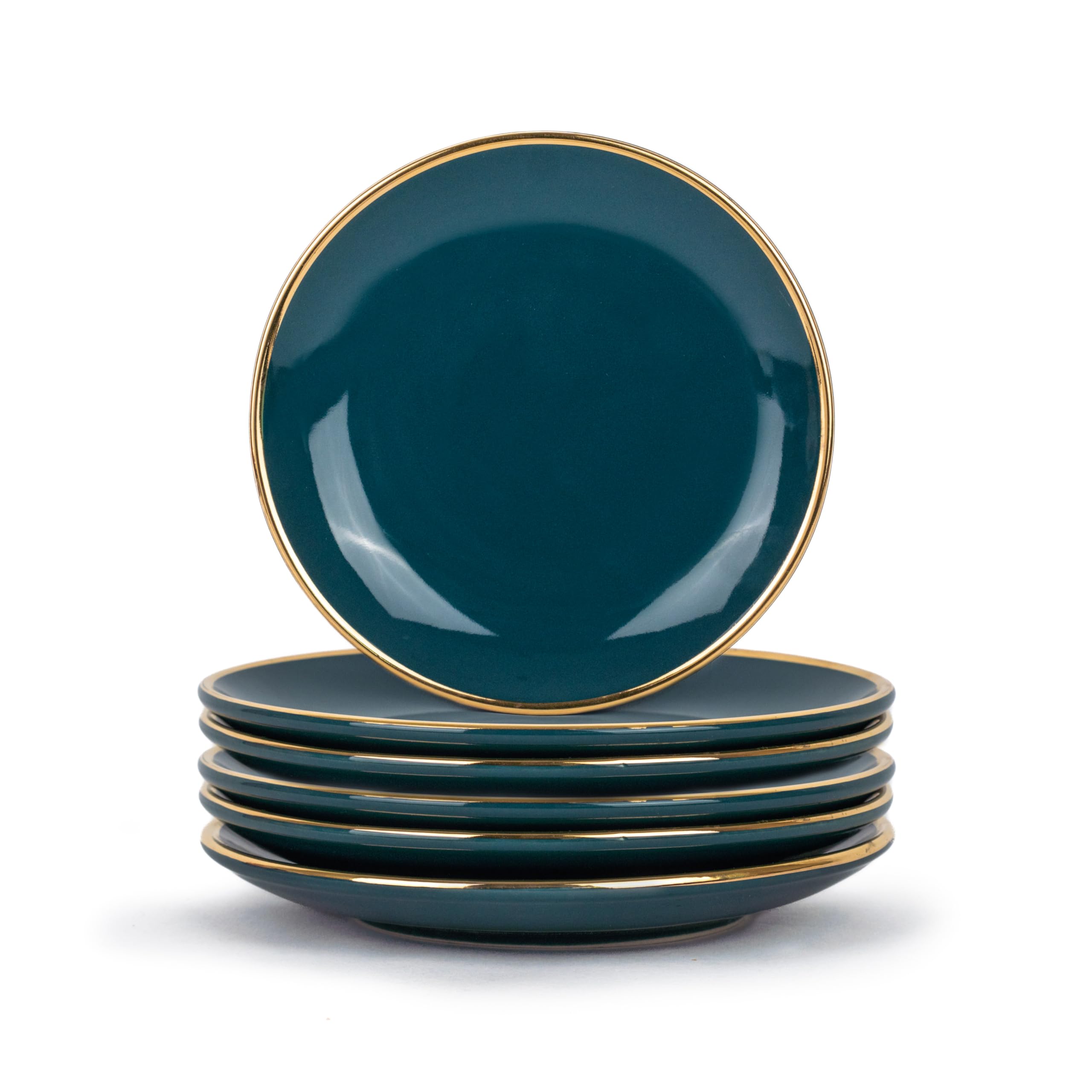 Shay Ceramic Quarter Plates Set of 6 - Teal Gold Goldline Series | Glossy Finish | Small Appetizer & Dessert Plates | Perfect for Parties, Snacks, Tea Time & Home Decor