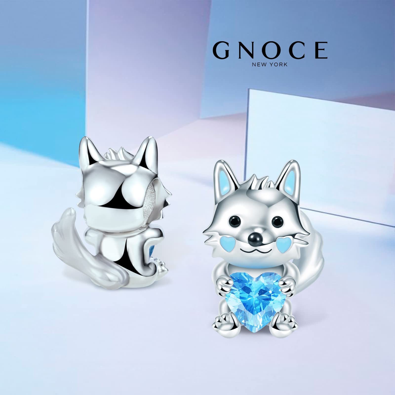 GNOCE 925 Sterling Silver Wolf & Fox Charm Beads with Heart Charms - Cute Animal Pendant for Snake Chain Bracelets & Necklaces - Gemstone Jewelry Gift for Women, Wife (Wolf 2) - Perfect for Valentine's Day, Anniversary & Everyday Wear