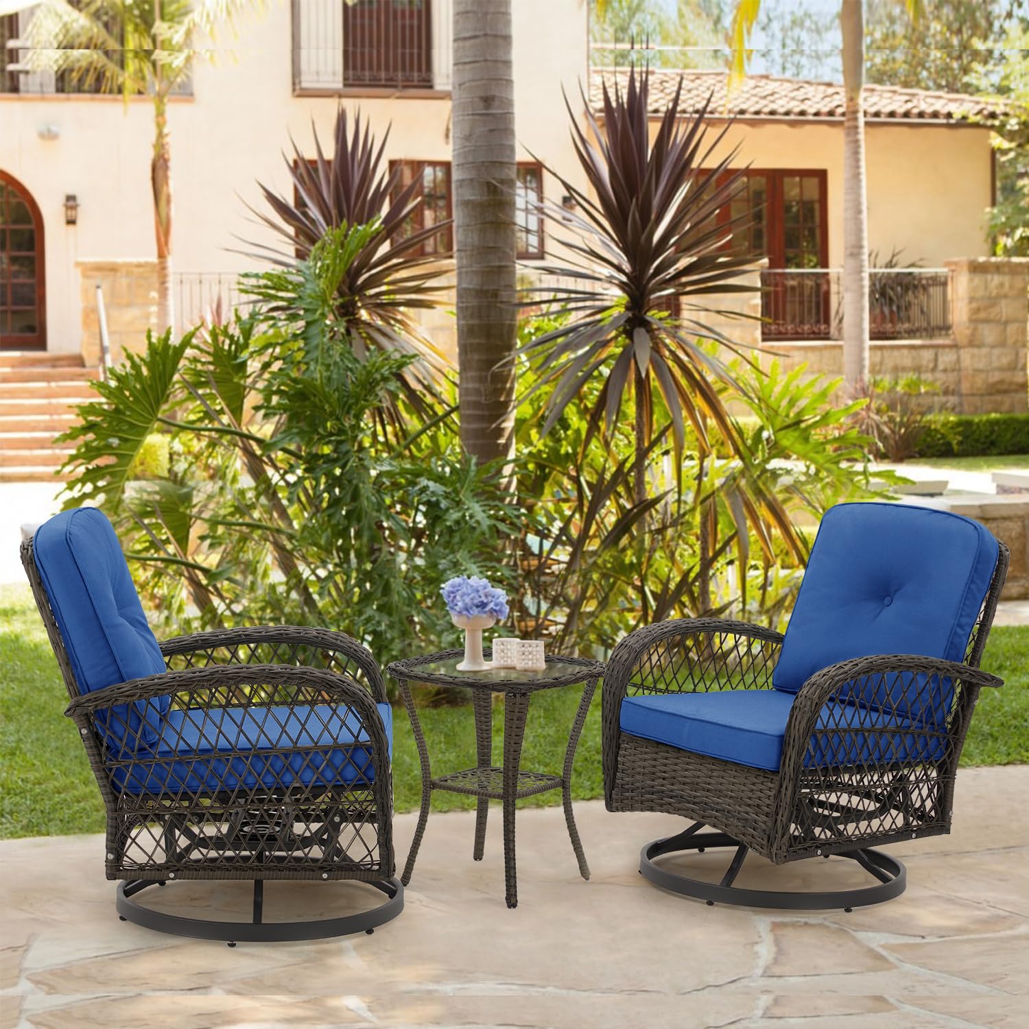 EROMMY 3-Piece Outdoor Swivel Rocking Chair Set with 360° Rotation, Thickened Cushions & Glass Coffee Table - Navy Blue Patio Furniture for Backyard, Garden, Poolside or Deck Relaxation