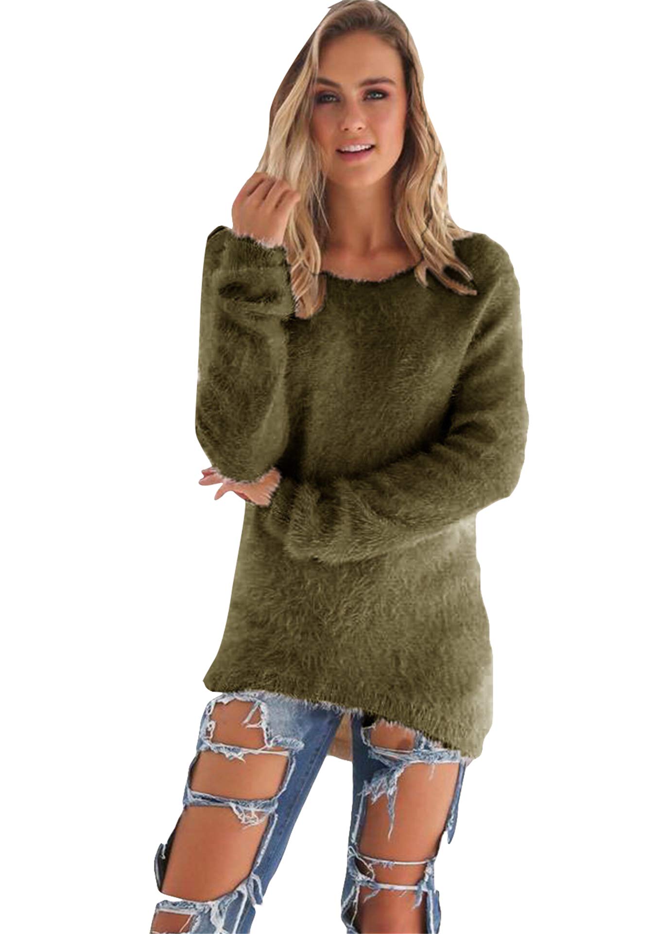 EFOFEI Women's Long Sleeve Fluffy Fuzzy Sweater - Soft Mohair Knit Pullover Jumper for Casual Wear | Cozy Winter Outfits & Fall Layering