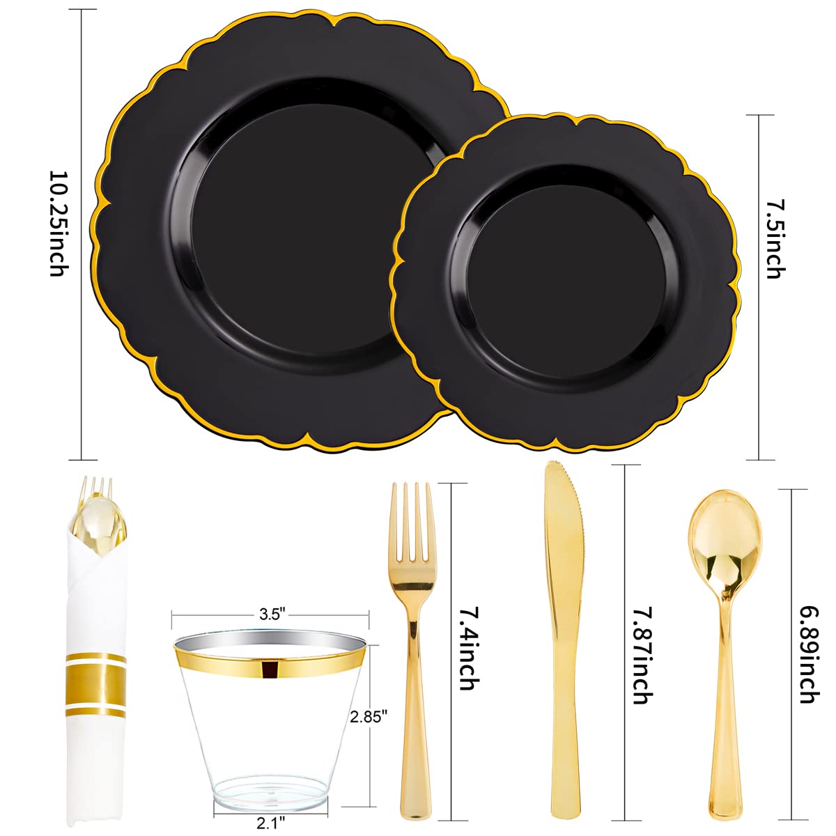 Morejoy 175-Piece Black Gold Plastic Dinnerware Set - 50 Plates, 25 Spoons, 25 Forks, 25 Knives, 25 Cups - Elegant Disposable Tableware for Weddings, Parties, Birthdays & New Year Celebrations - Perfect for Indoor & Outdoor Events, Catering, and Special Occasions