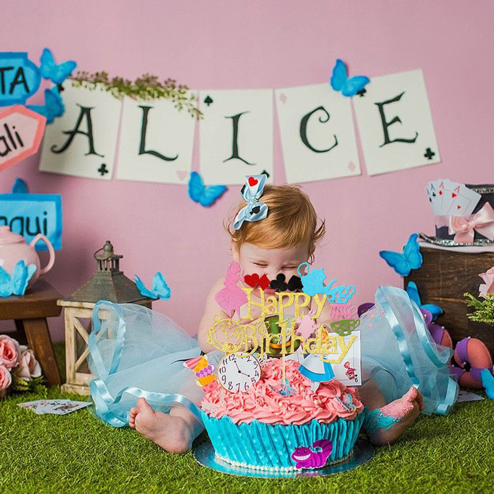 1 PCS Magic Alice Birthday Cake Topper - Glitter Magical Poker Bunny Bowl Clock Fairy Cake Decor for Baby Shower, Kids Birthday Party, Tea Party & Special Events - Perfect for Unicorn, Princess, Wonderland Themed Celebrations