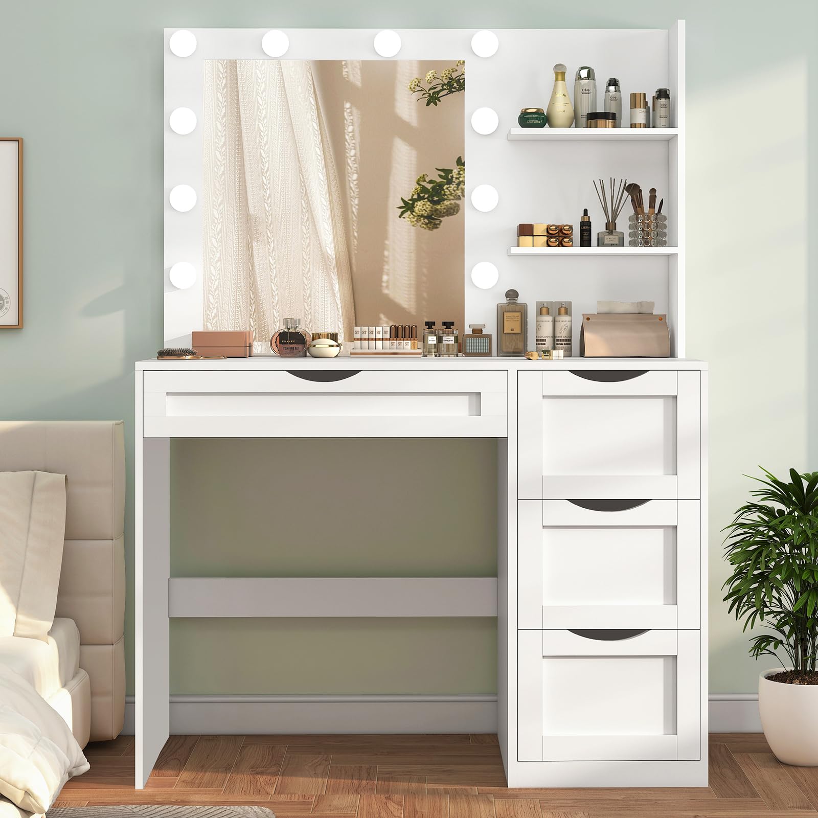 USIKEY White Makeup Vanity Desk with LED Mirror & 10 Adjustable Lights - 4 Drawers, 2 Storage Shelves, 3 Color Modes - Perfect Dressing Table for Bedroom, Home Salon & Beauty Room Organization