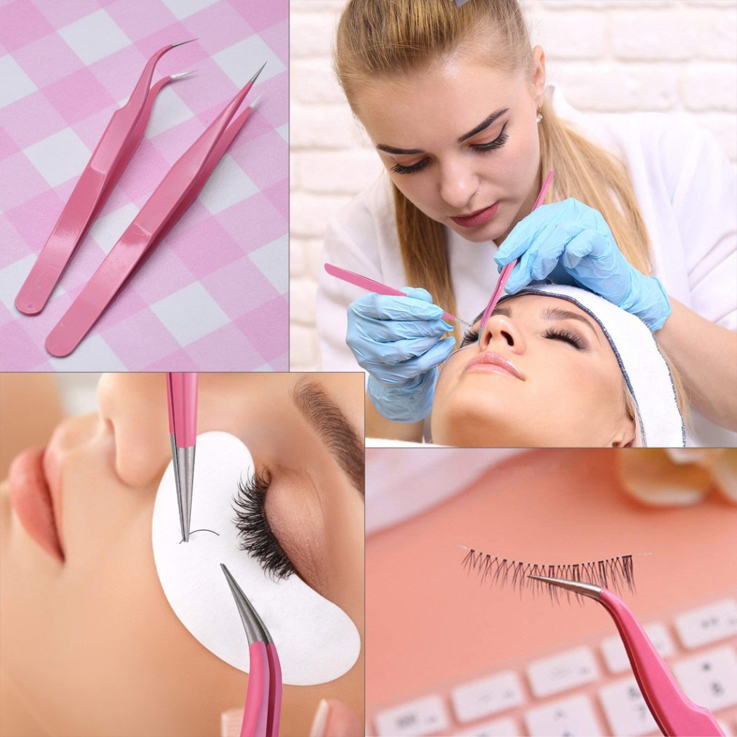2PCS Pink Stainless Steel Tweezers Set - Straight & Curved Tip Eyelash Extension Tweezers for Professional Lash Application | Perfect for Salon, Home Use & DIY Beauty Kits