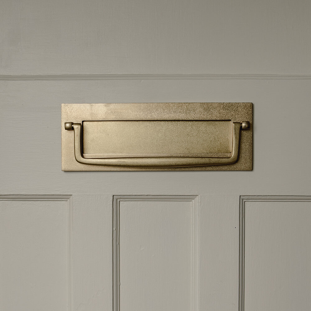 Vintage Aged Brass Marlborough Letter Plate with Clapper - Elegant Mail Slot for Traditional Home Entry Doors | Perfect for Victorian, Colonial & Classic Style Houses