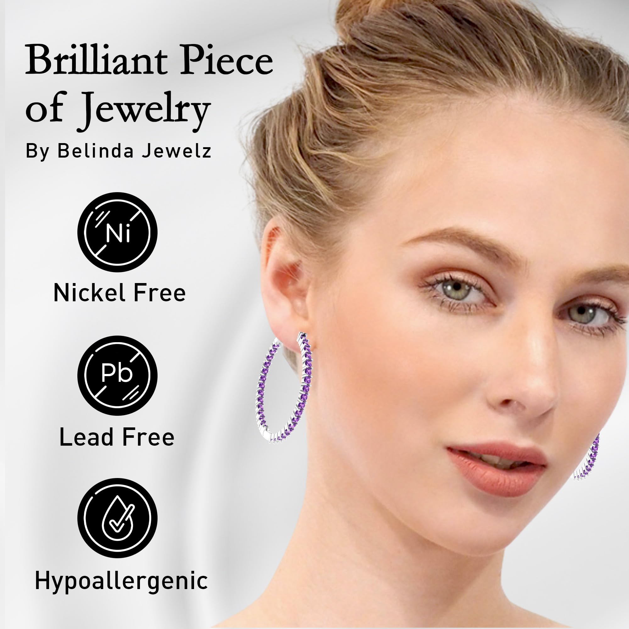 62 Colored Gemstone Hoop Earrings for Women - 925 Sterling Silver Birthstone Eternity Earrings with Push Back Closure (1.73