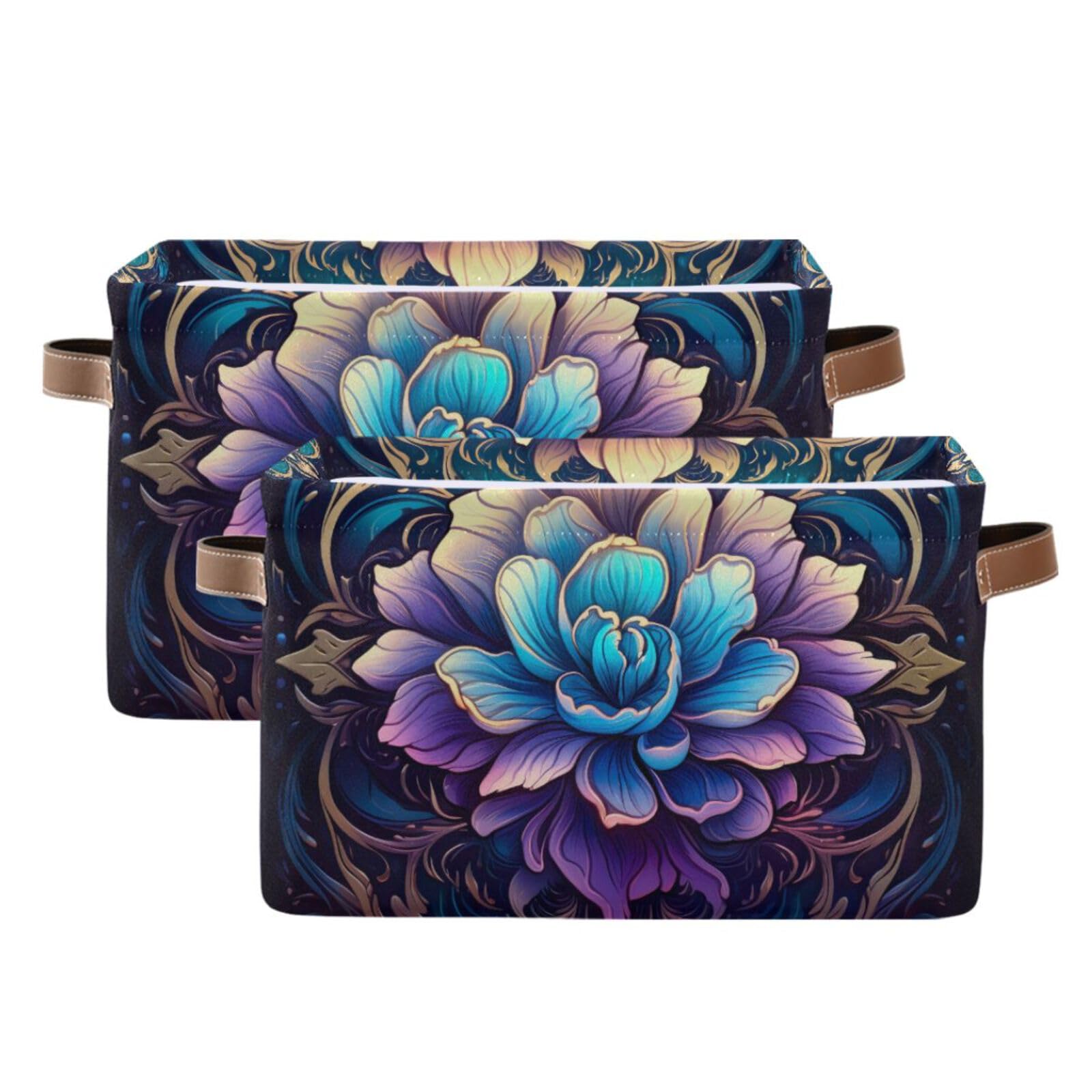 Blue Mandala Foldable Storage Baskets - 2 Pack Rectangle Canvas Fabric Organizer Boxes with Handles for Home, Office, Closet & Shelves | Perfect for Clothes, Toys & Home Decor Organization