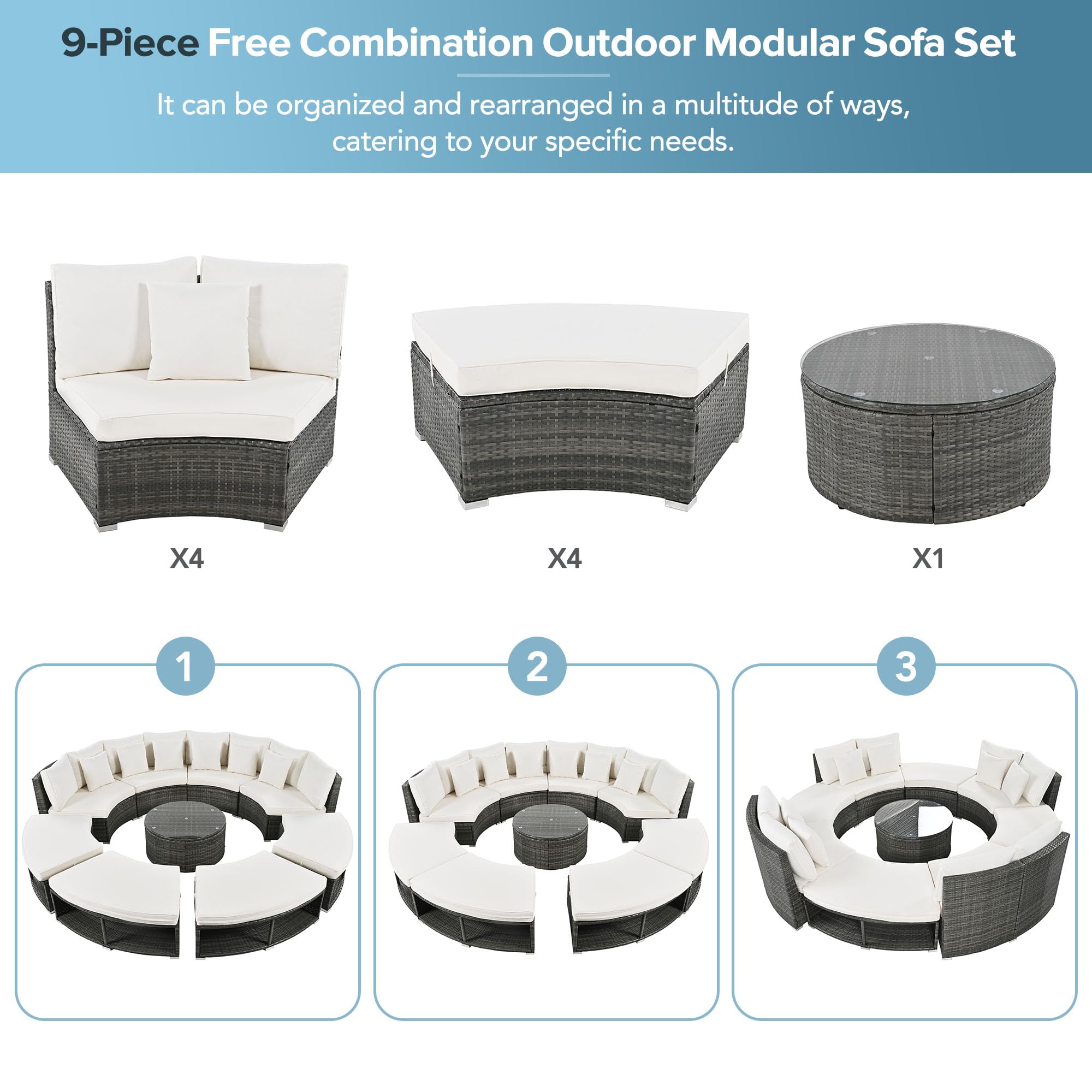 Luxury 9-Piece Outdoor Patio Furniture Set - Merax Circular Rattan Wicker Sectional Sofa with Tempered Glass Coffee Table & 4 Pillows for Garden, Poolside, Backyard Relaxation