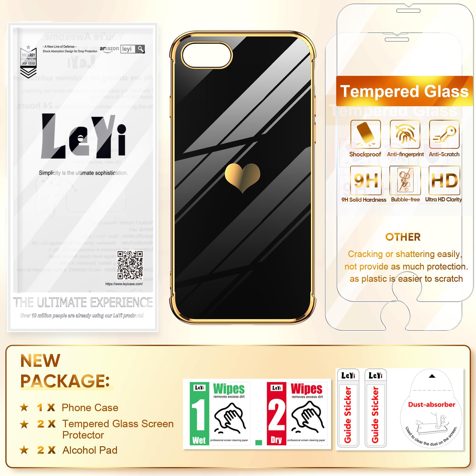 Luxury Bling Heart Soft TPU Phone Case for iPhone 7/8 with 2-Pack Tempered Glass Screen Protector - Cute Girly Women's Protective Cover for Everyday Use, Work & Travel (Black)