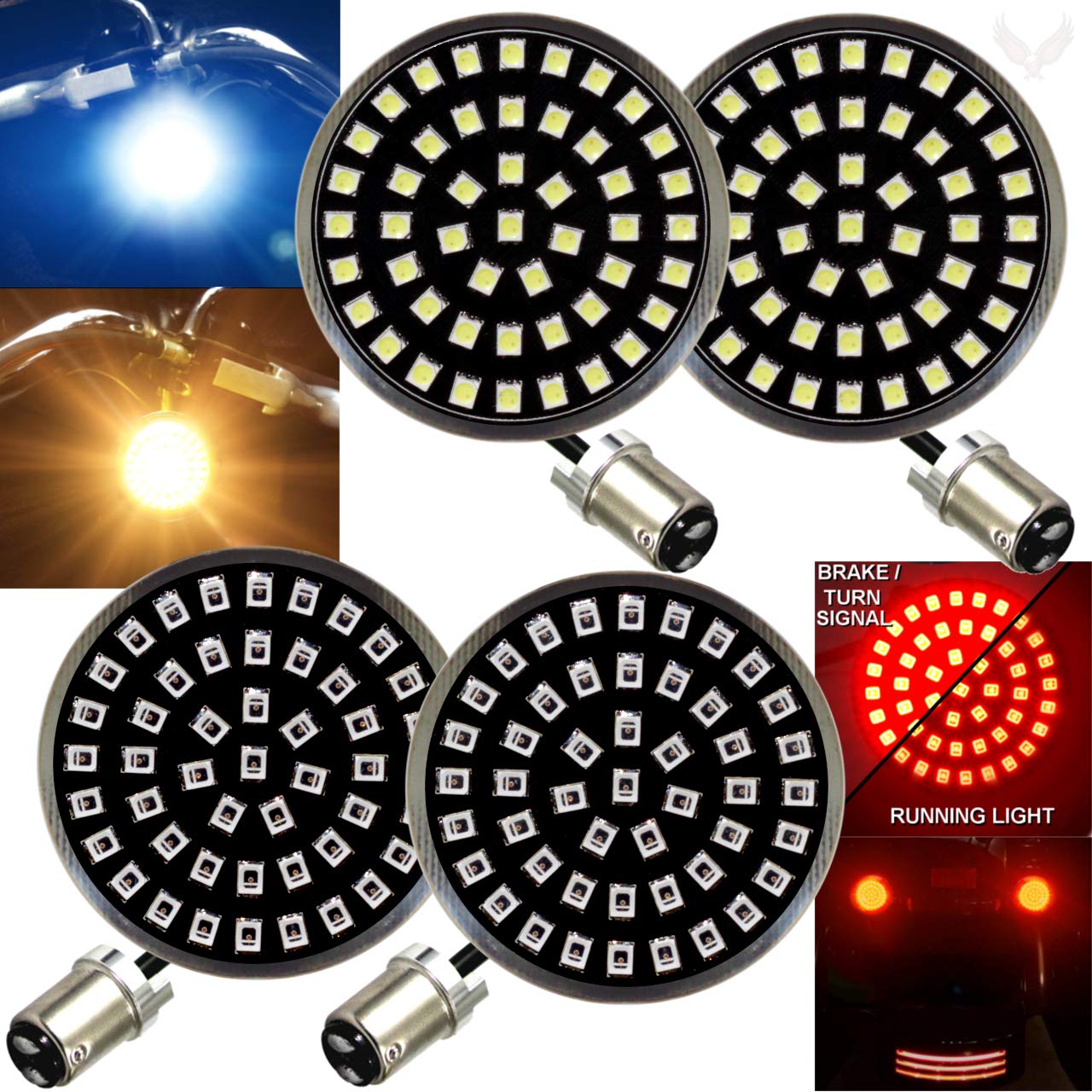 Eagle Lights Generation II Midnight Edition 2 Inch LED Turn Signals with White Running Lights - Front & Rear 1157 Bulbs for Harley Davidson Motorcycles - Enhanced Visibility for Night Riding and Safety