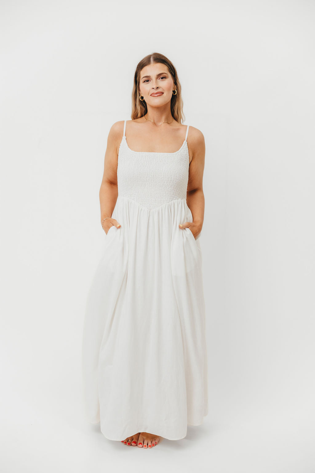Josefina Off White Smocked Maxi Dress for Women - Elegant Summer Beach Wedding Party Dress