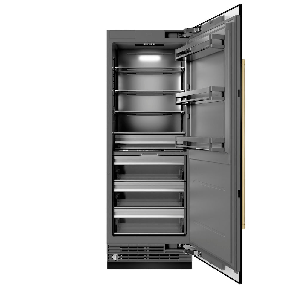 ZLINE Autograph Edition 30-Inch 16.7 cu ft Column Refrigerator - Black Stainless Steel with Graphite Gray Interior & Champagne Bronze Accents | Premium Kitchen Appliance for Modern Homes (RCRVZ BS 30 CB)
