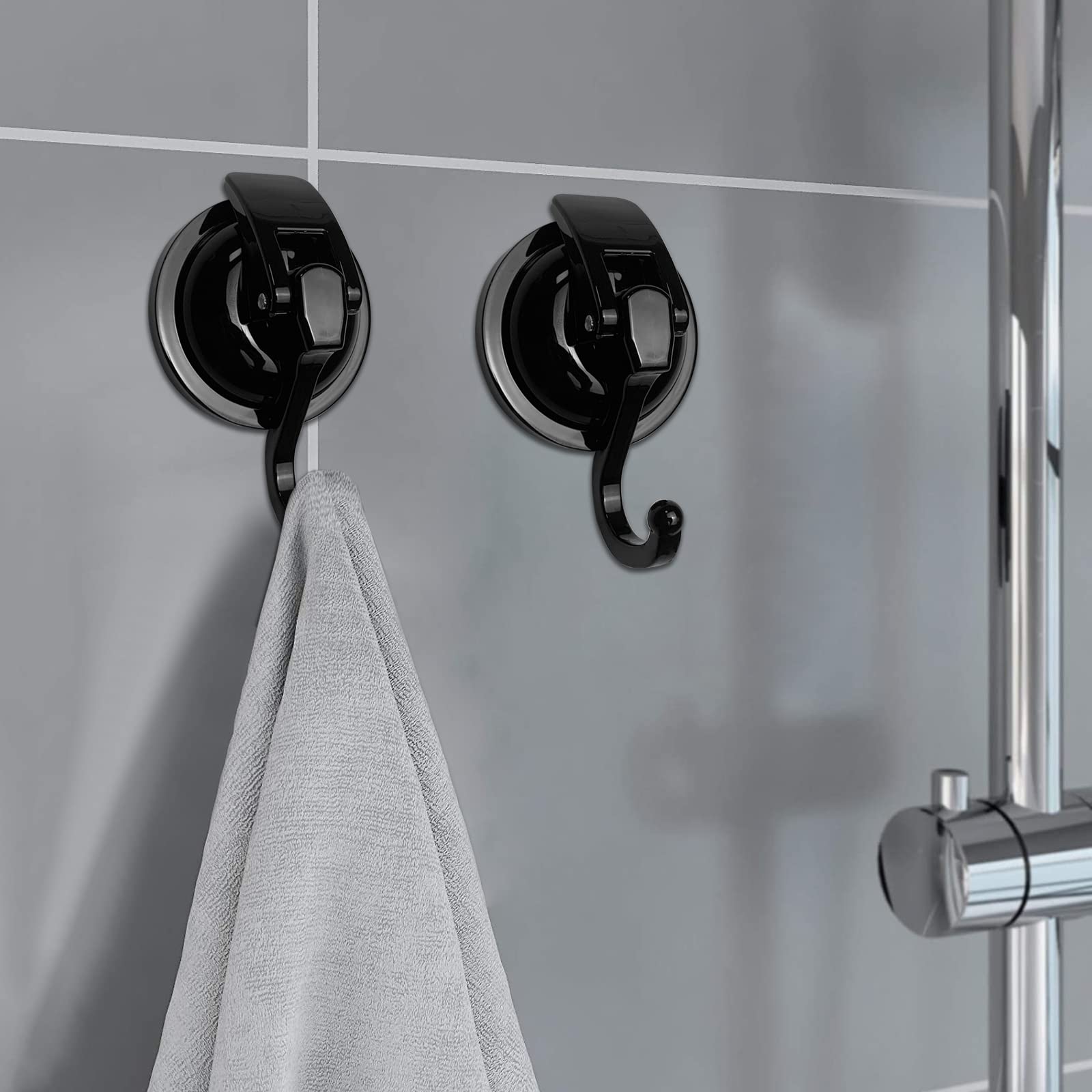 Heavy Duty Vacuum Suction Shower Hooks - 6 Pack Reusable Bathroom Hooks for Towels, Robes & Decor, No Drilling Needed, Strong Adhesive for Tile & Glass - Perfect for Shower Organization & Holiday Garland Hanging (Black)