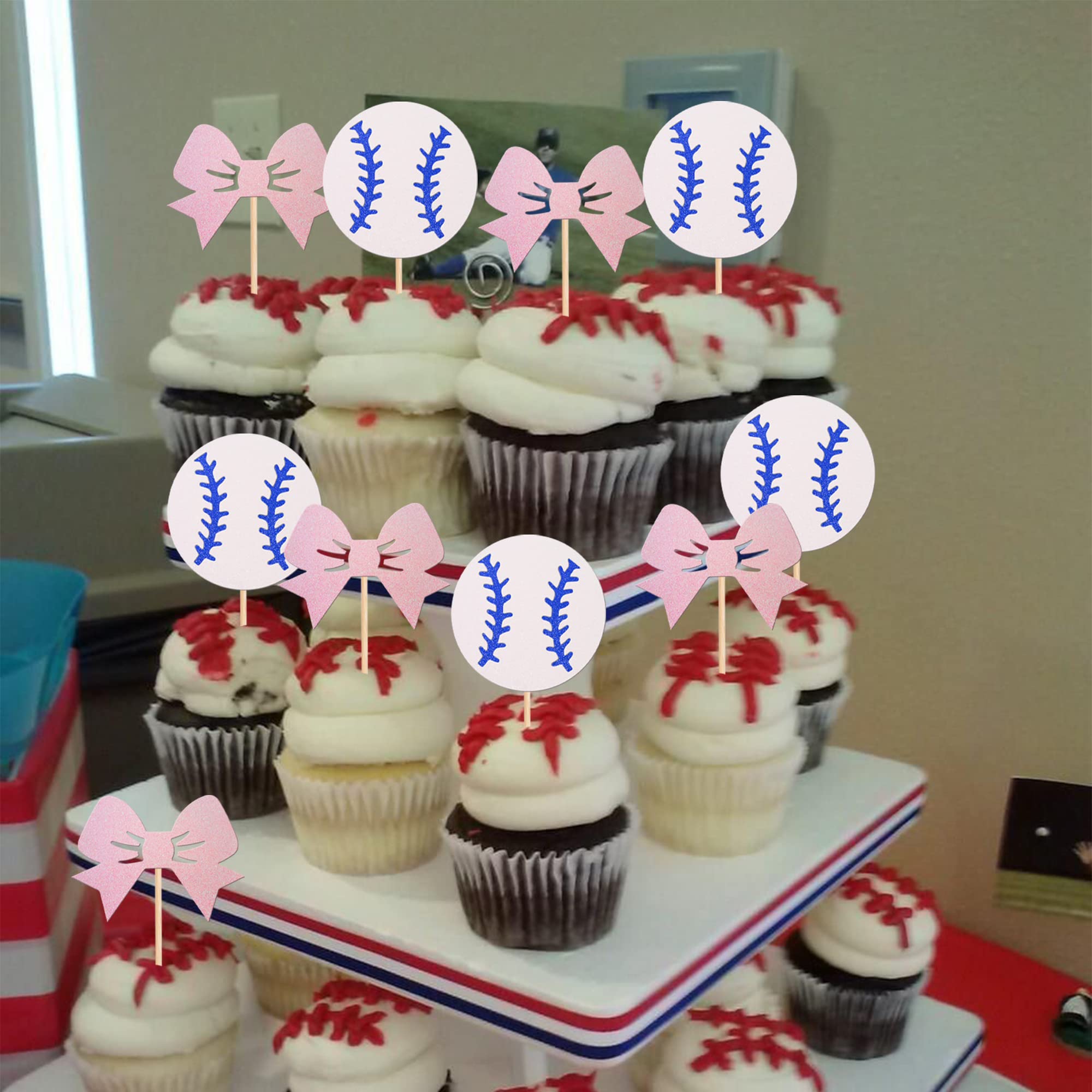 24 PCS Glitter Baseball & Bow Cupcake Toppers - Gender Reveal Party Supplies for Baby Shower, Birthday Cake Decorations (Boy or Girl Theme) - Perfect for Gender Reveal Parties, Baby Showers & Birthday Celebrations