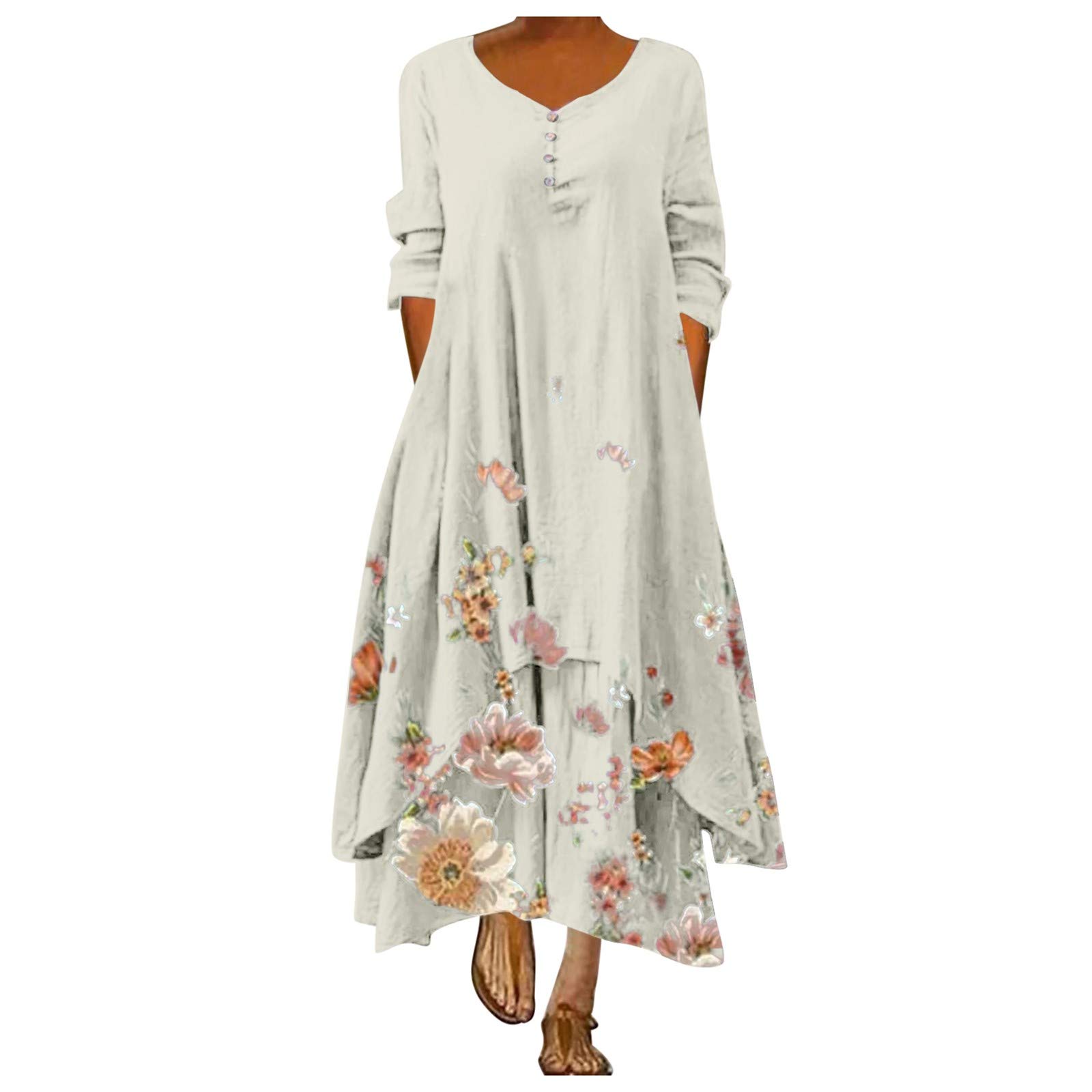 ONHUON Women's Long Sleeve Floral Print Maxi Dress - Casual Loose Fit Winter Dress with Pockets | Perfect for Daily Wear, Office, Date Night & Holiday Outfits