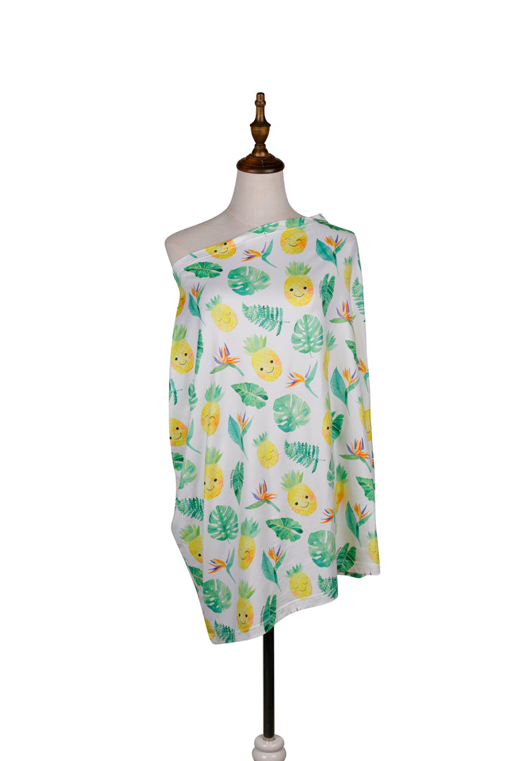 Baby Car Seat Cover - Breathable Nursing Canopy with Pineapple & Monstera Leaf Pattern in White - Perfect for Strollers, Shopping & Outdoor Adventures