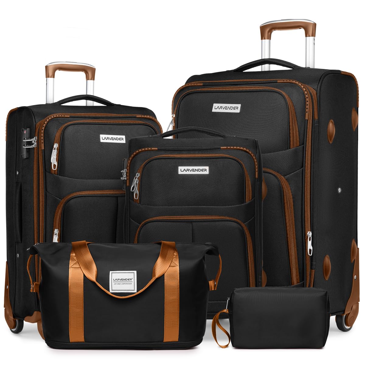 5-Piece Lavender Softside Expandable Luggage Set with Spinner Wheels & TSA Lock - Lightweight Rolling Suitcases for Men & Women (Black/Brown) - Perfect for Air Travel, Family Vacations & Business Trips