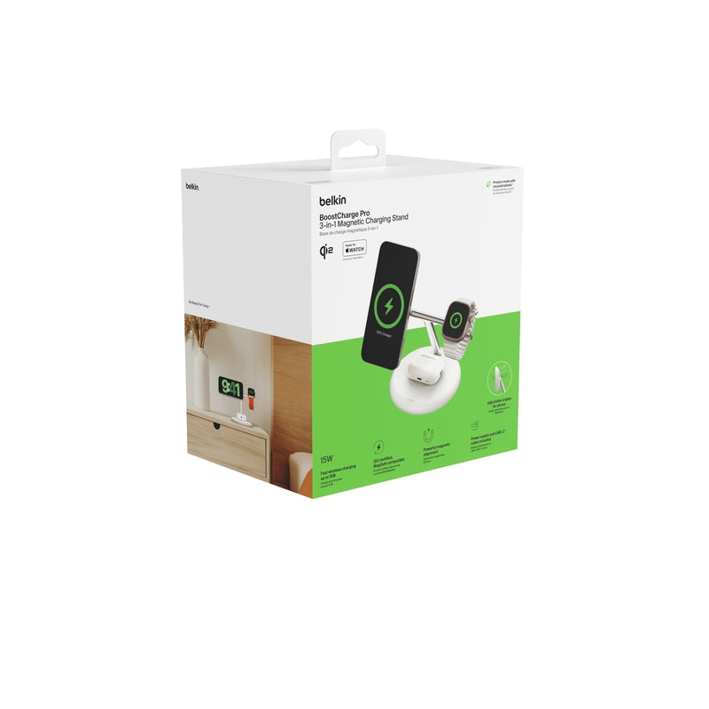 Belkin 3-in-1 Qi2 MagSafe Charging Base - Fast Wireless Charger for iPhone 15/14/13, AirPods & Apple Watch - Perfect for Home, Office & Travel