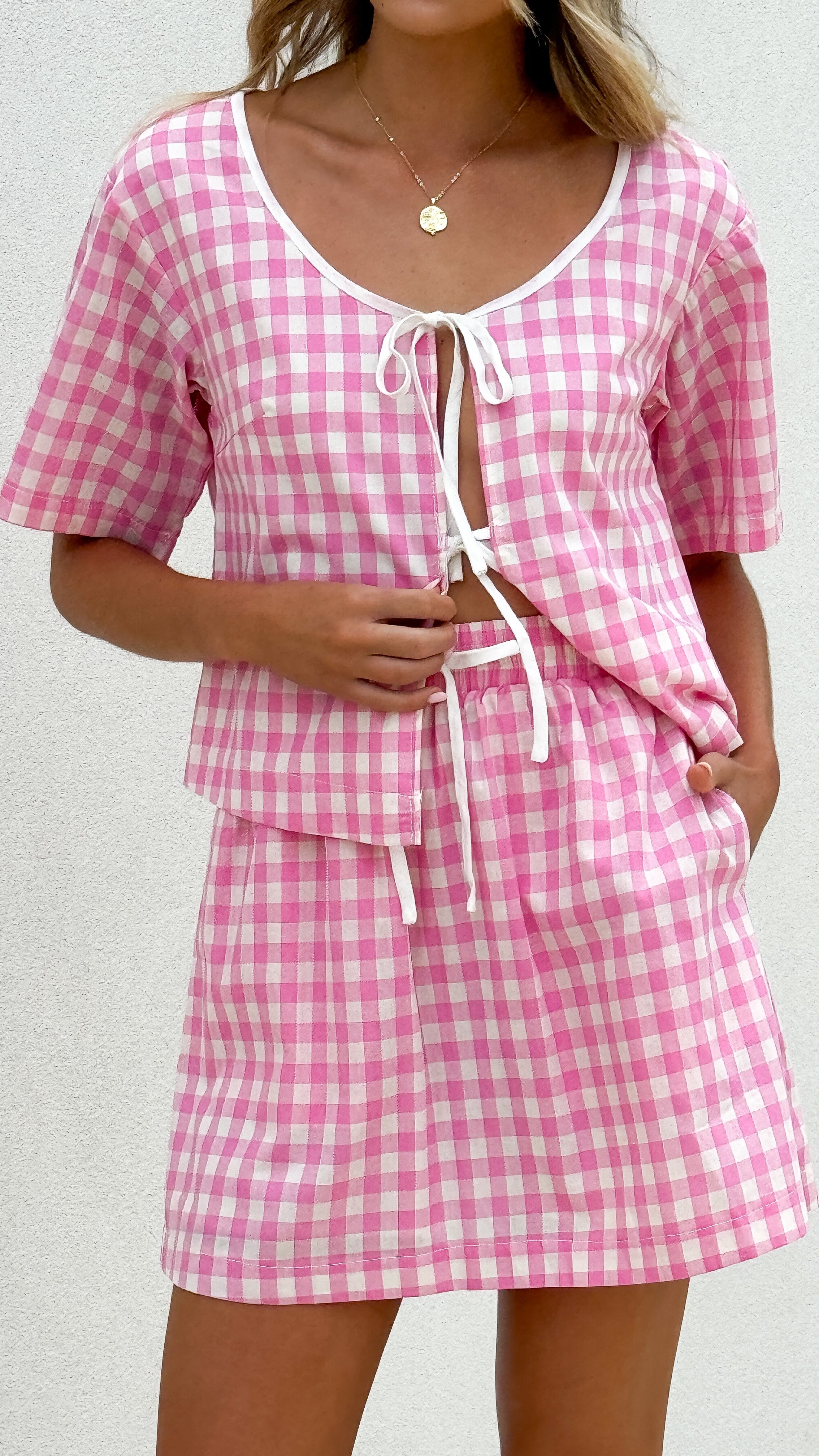 Madison Mini Skirt for Women - Pink & White Gingham Checkered Pattern Summer Skirt | Casual Wear, Beach Outfit, Party Dress