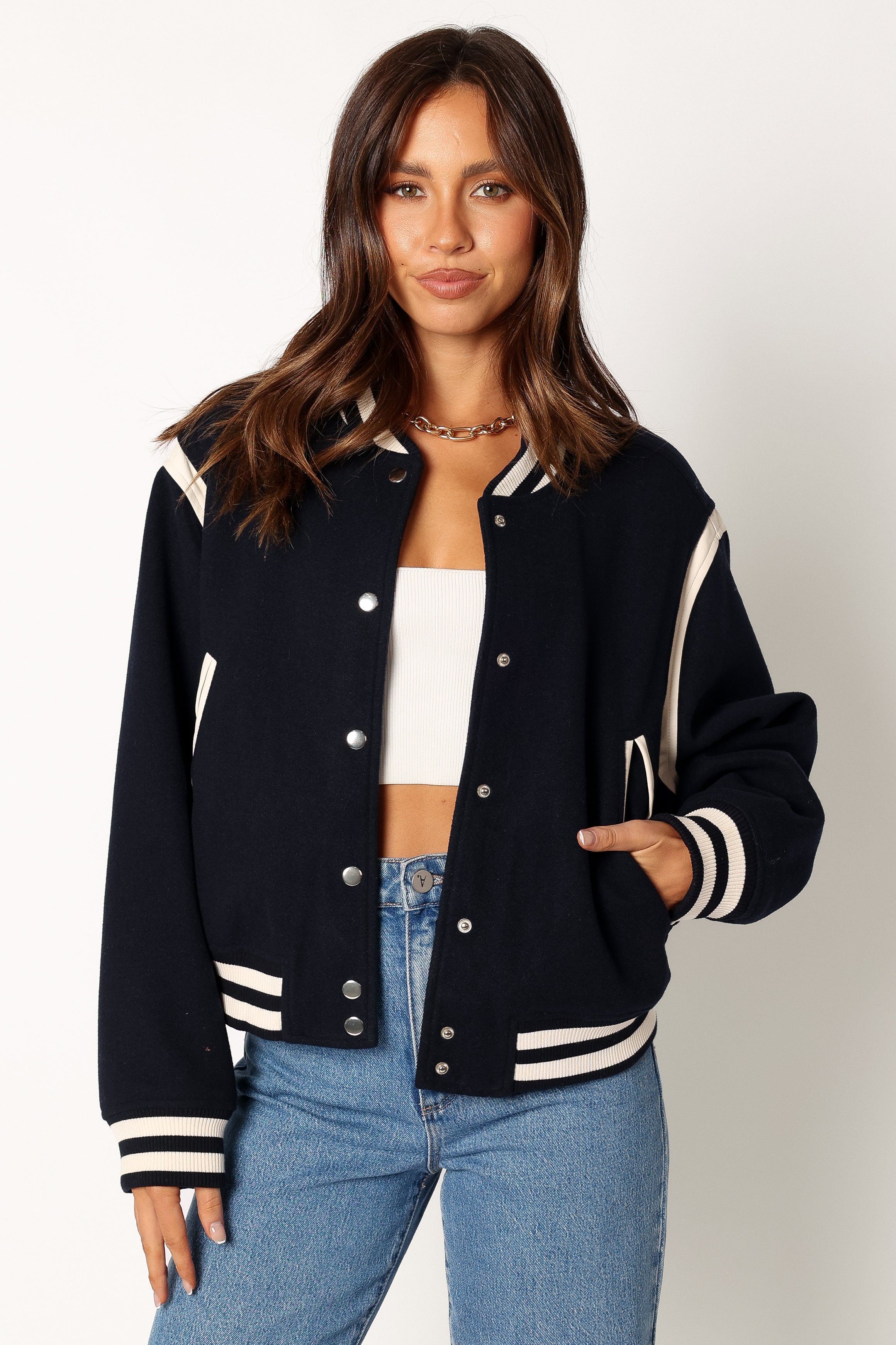 Fallon Collegiate Bomber Jacket for Men - Vintage Dark Indigo Varsity Jacket - Perfect for Casual Wear, College Events & Street Style Fashion