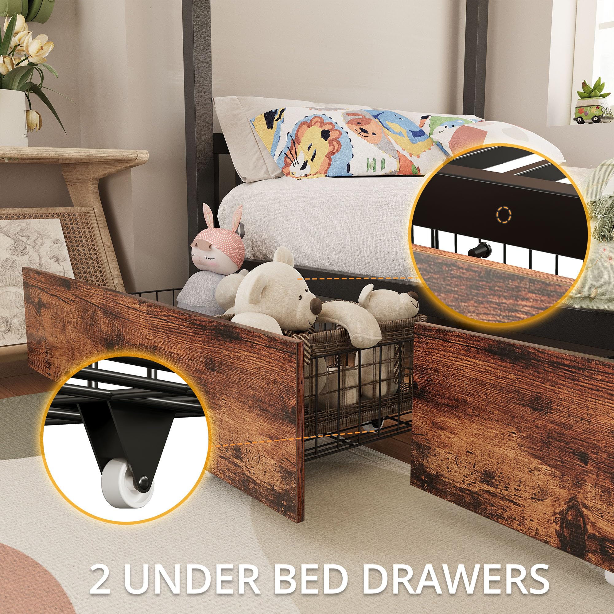 ANCTOR Metal Twin Bunk Bed with USB Power Outlet, Storage Drawers & LED Lights - Space-Saving Kids Bed Frame with Ladder, Quiet Design for Bedrooms, Dorms & Small Apartments