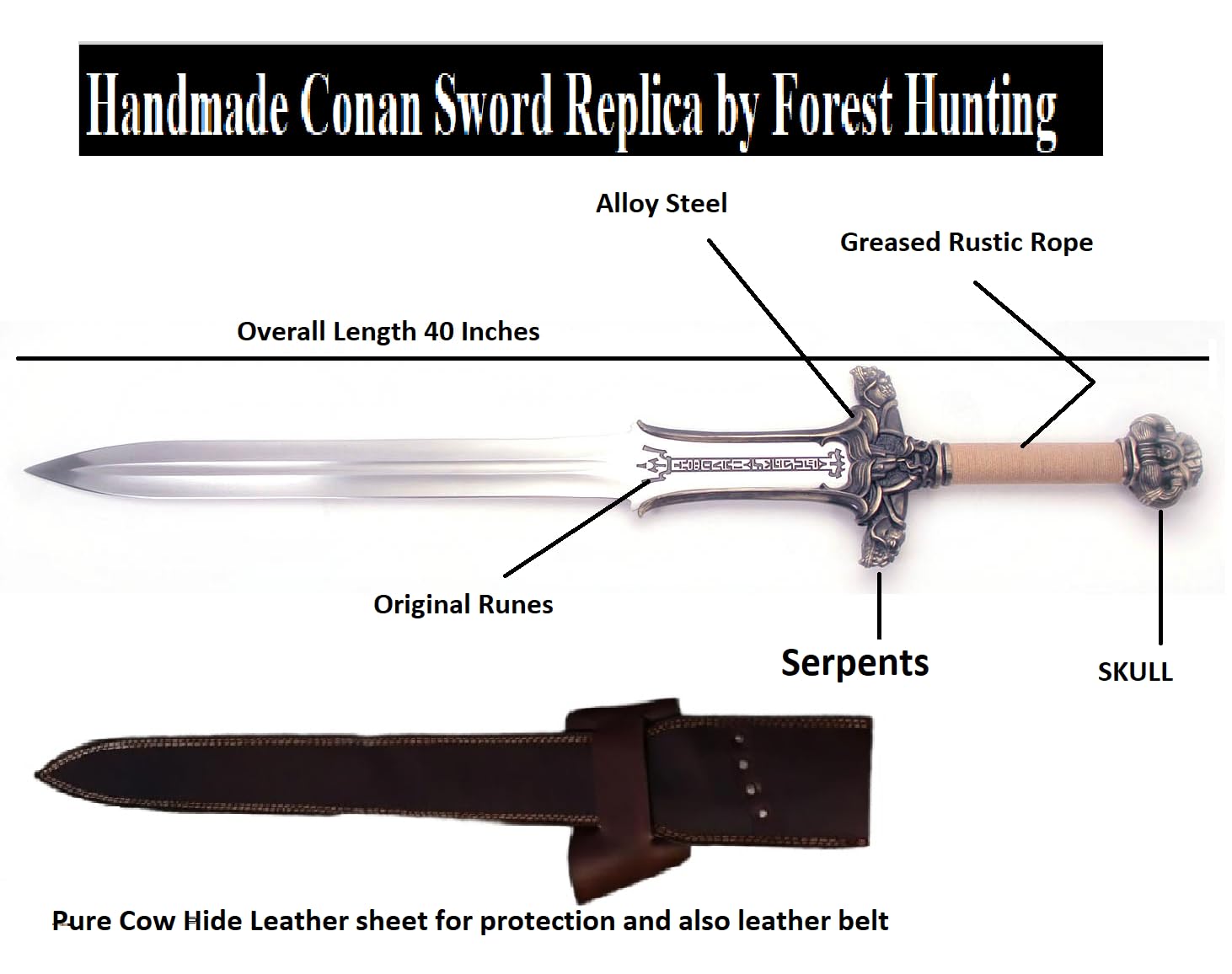 Handmade Conan Atlantean Sword - 42'' Viking Sword with 1095 Carbon Steel Blade, Full Tang & Brass Fittings | Leather Sheath | Collectible King Sword (7.5 lbs) | Perfect Gift for Men, Medieval Cosplay, Home Decor & Historical Reenactment