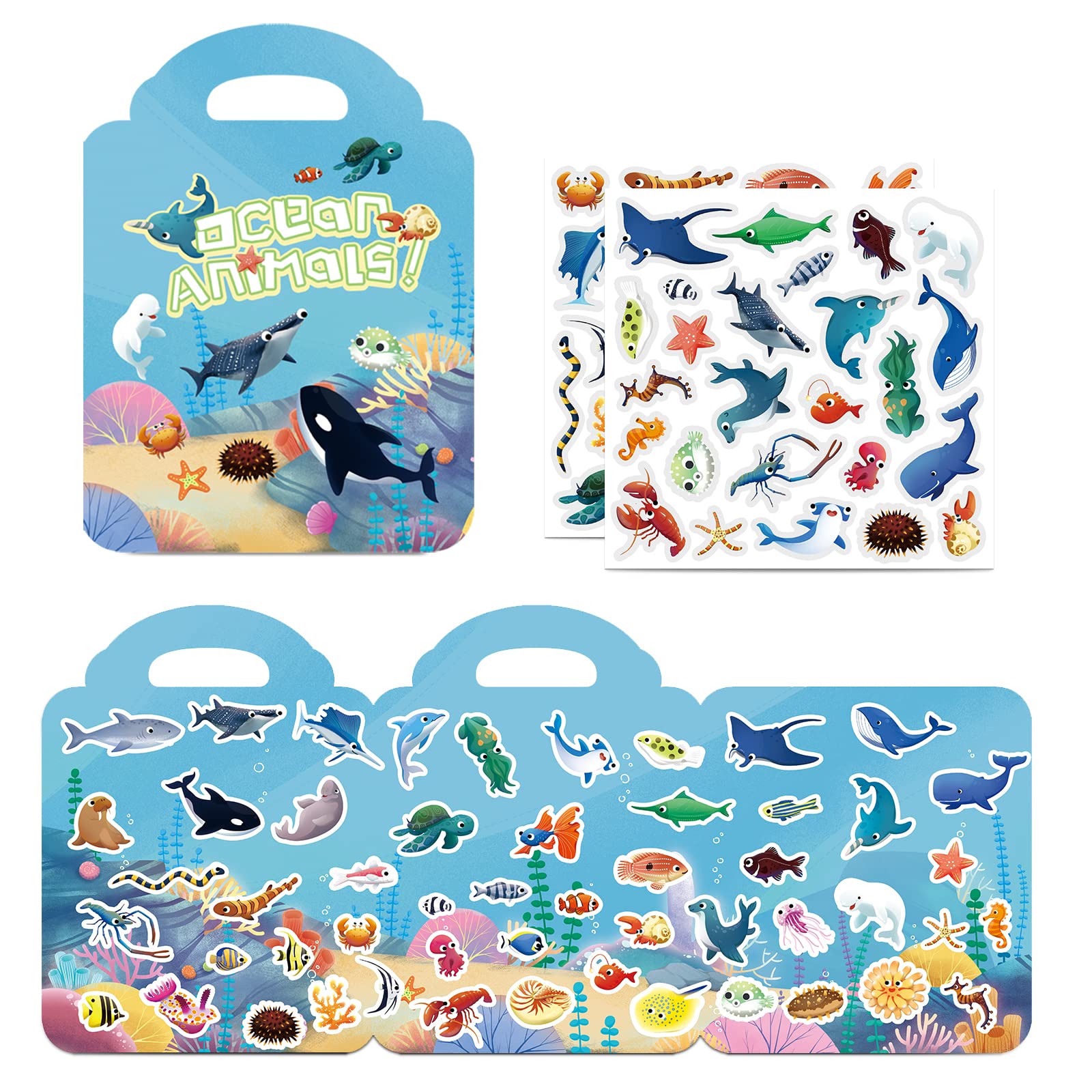 Reusable Sticker Book for Kids Ages 2-4 | 53 Pcs Waterproof Ocean Animal Stickers | Toddler Travel Activity Book for Boys & Girls | Perfect for Road Trips, Airplane Rides & Quiet Playtime (Ocean Theme)