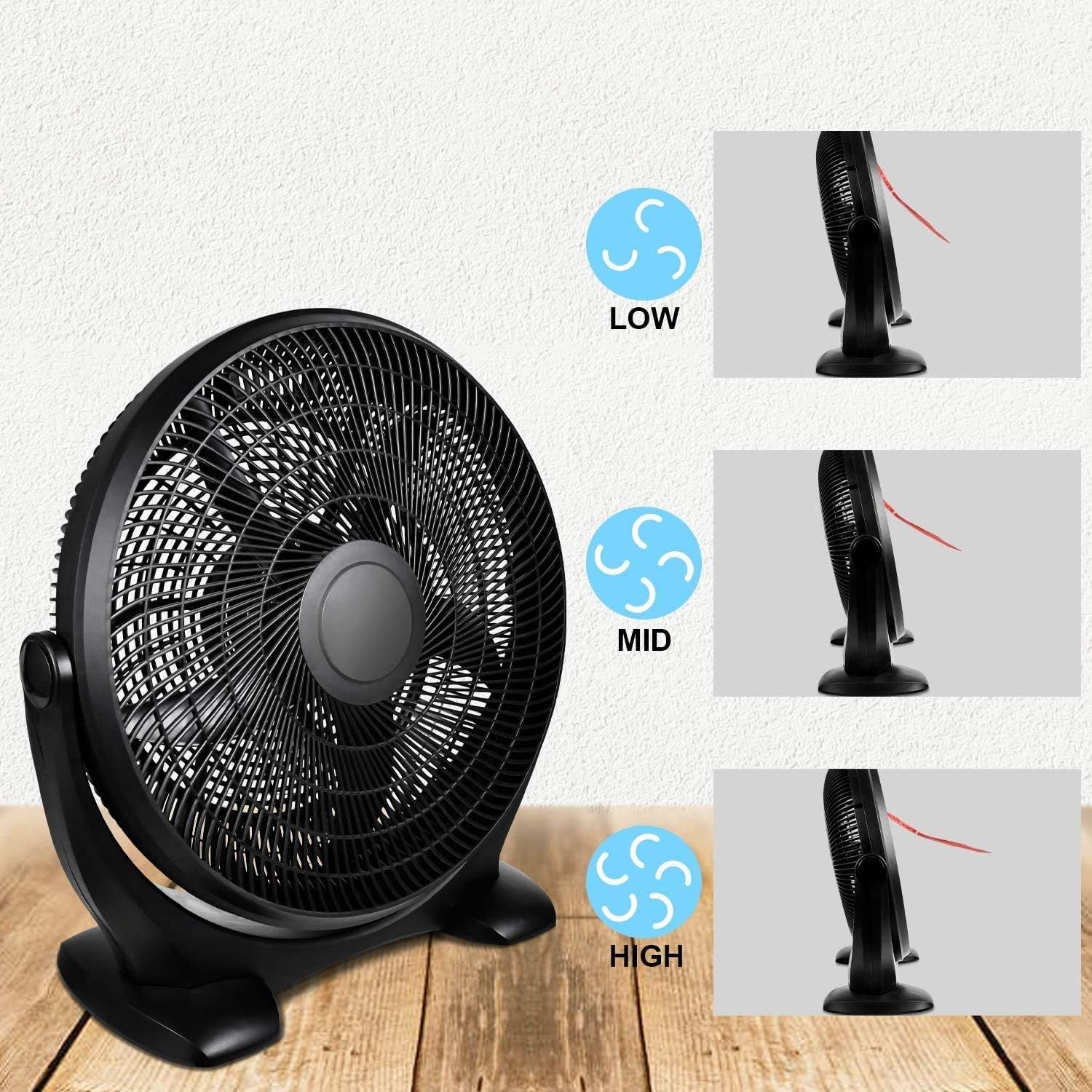 18 Inch 3 Speed Quiet Plastic Floor Fan - Indoor Outdoor Cooling for Home, Office, Commercial, Greenhouse & Patio Use - Energy Efficient Black Standing Fan