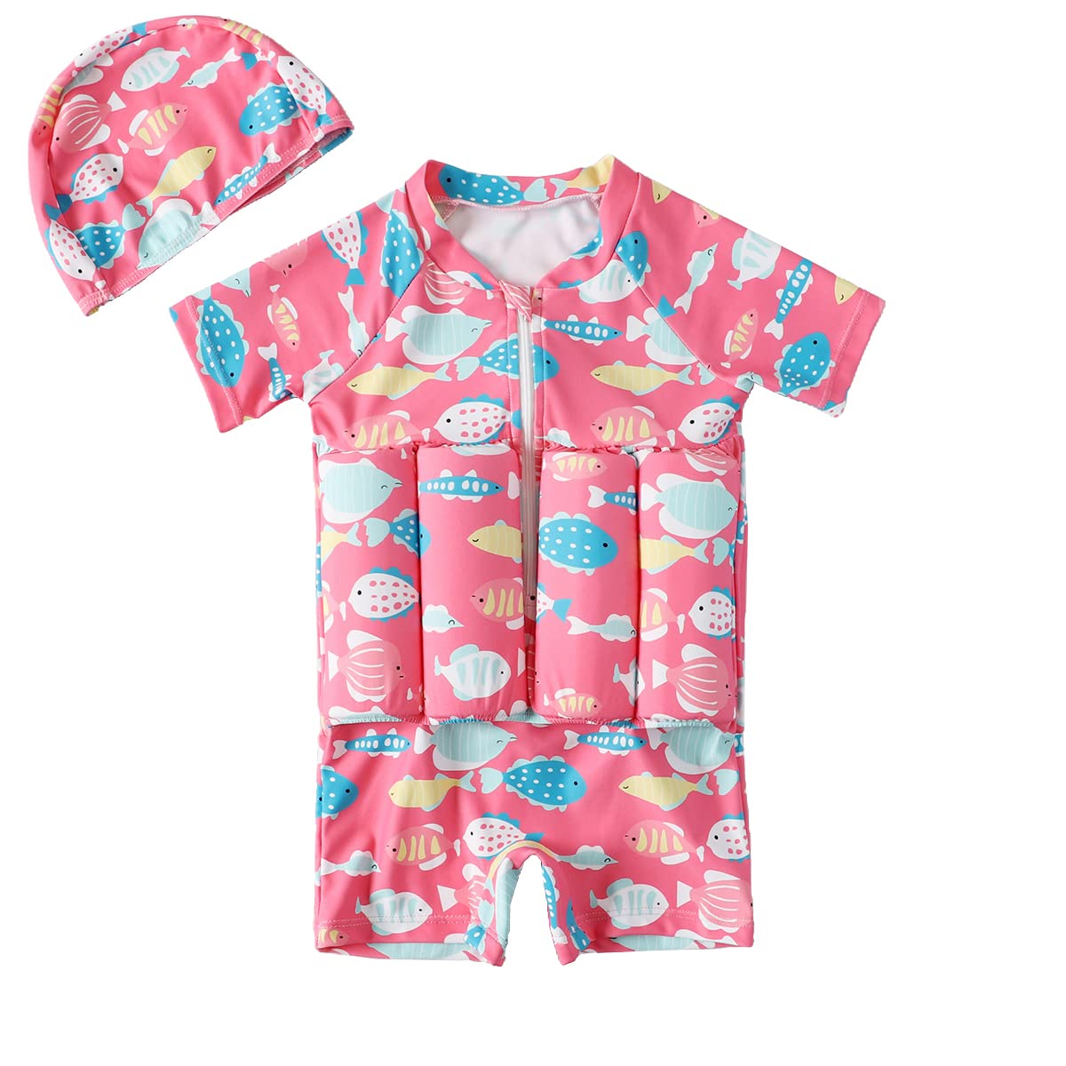 **Baby Boys & Girls Flotation Swimsuits - One Piece Short Sleeve Swim Vest with Zip & Buoyancy Aid + Cap for Safe Pool & Beach Play**