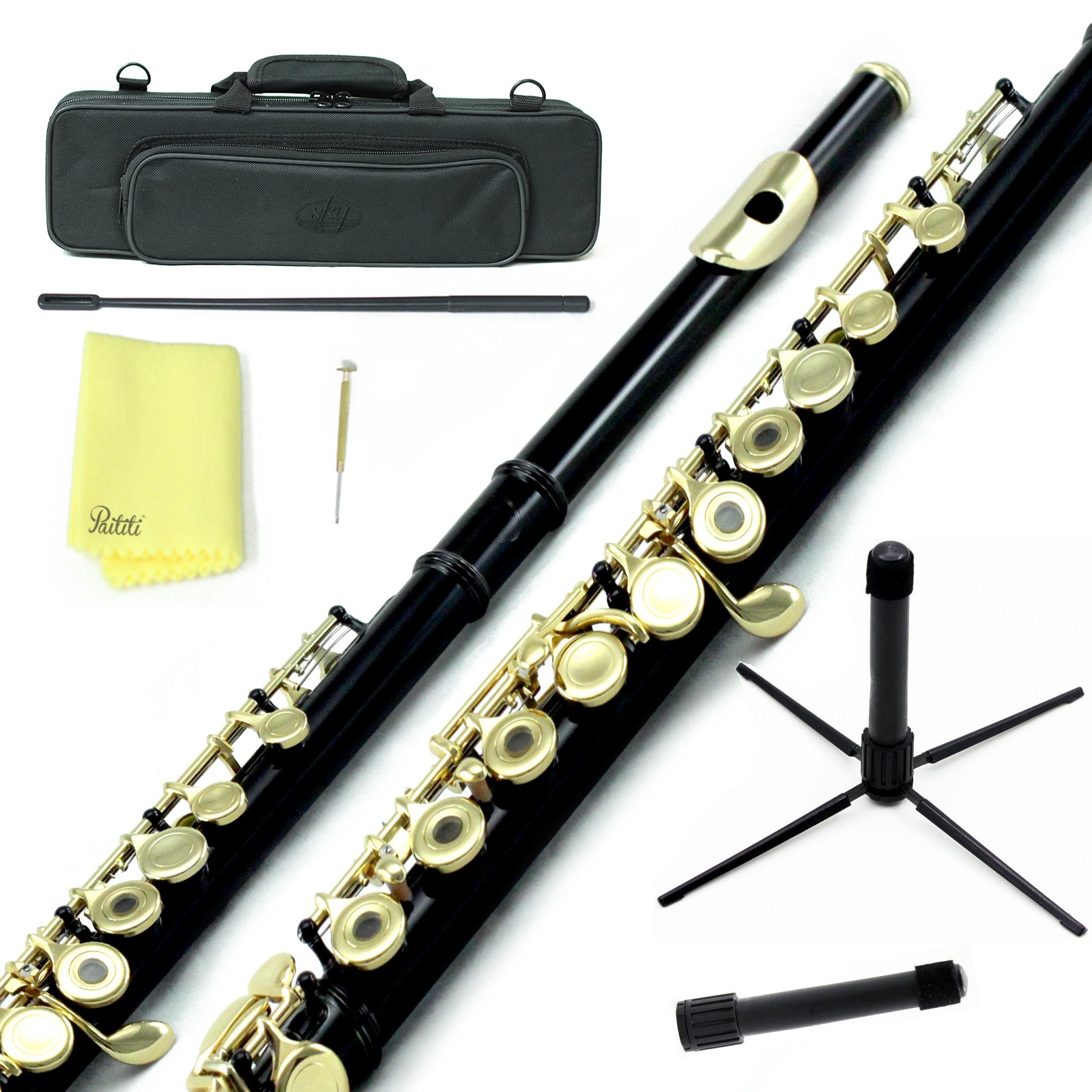 Professional Sky C Flute with Lightweight Case - Includes Cleaning Rod, Cloth, Joint Grease & Screwdriver | Black & Gold Open Hole Design | Perfect for Beginners, Students & Professional Performances