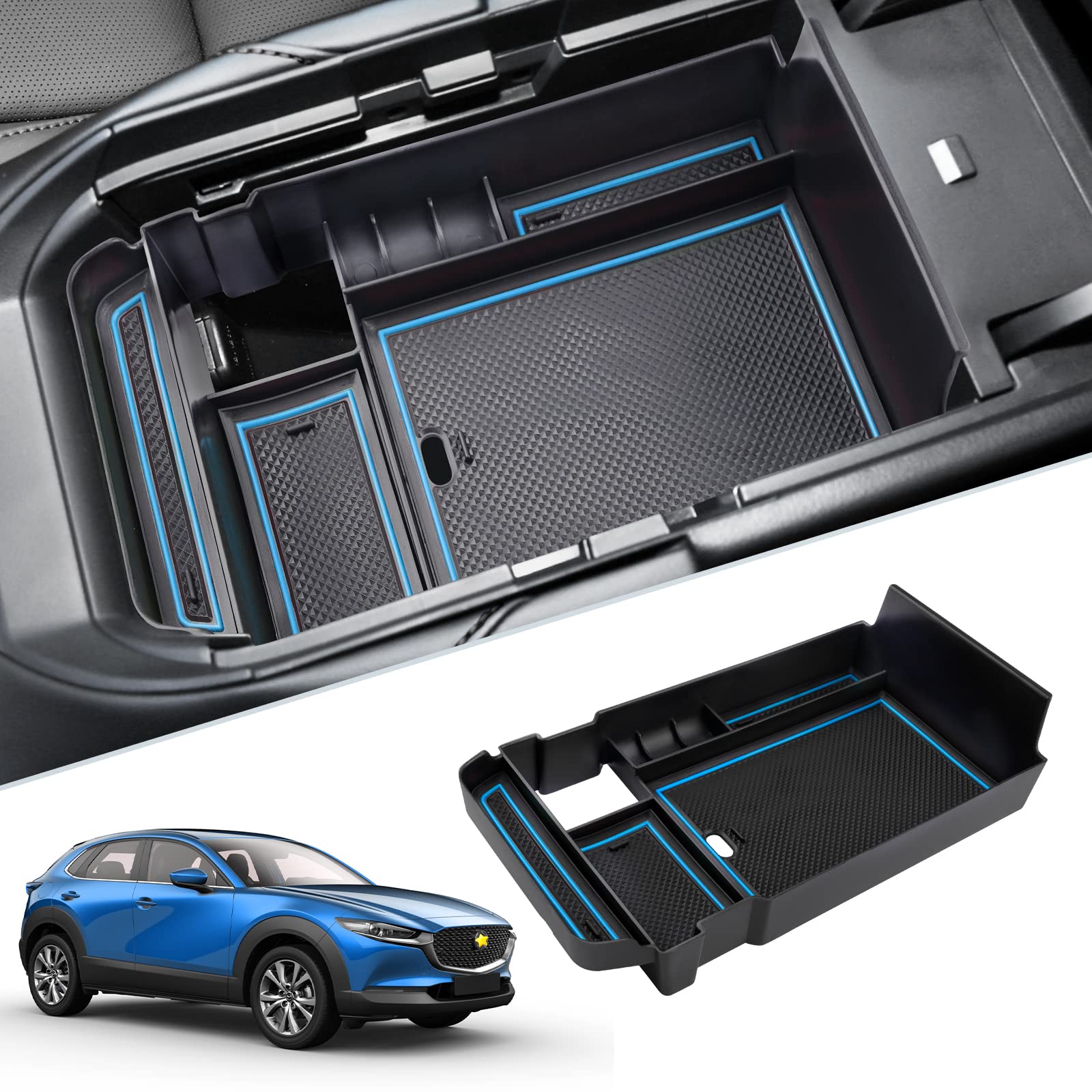 2020-2025 Mazda CX-30 Center Console Organizer Tray - Premium Armrest Storage Box with Coin Holder & Non-Slip Design | Perfect for Car Organization, Phone Storage & Road Trips (Blue)