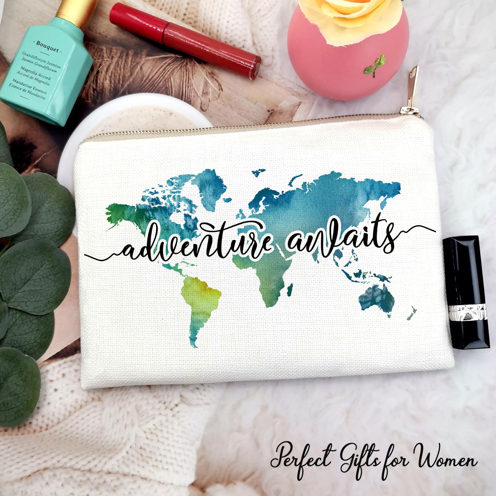 Premium Travel Makeup Bag - Waterproof Cosmetic Organizer with World Map Design, Durable Linen Fabric - Perfect Gift for Women Travelers | Ideal for Vacations, Camping & Business Trips