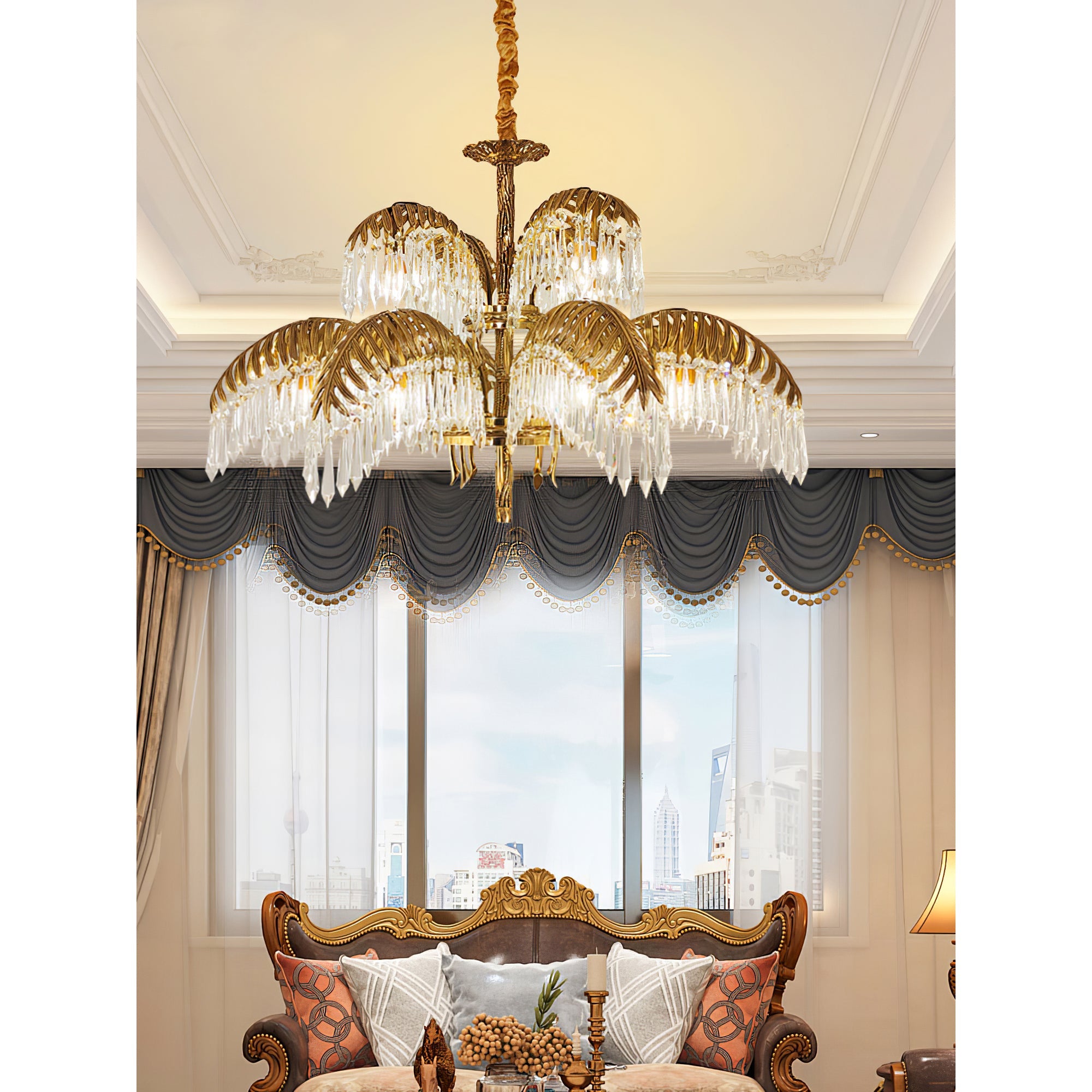 Elegant Brass Palm Leaf Crystal Chandelier - Modern Ceiling Light Fixture for Dining Room, Living Room & Bedroom Decor