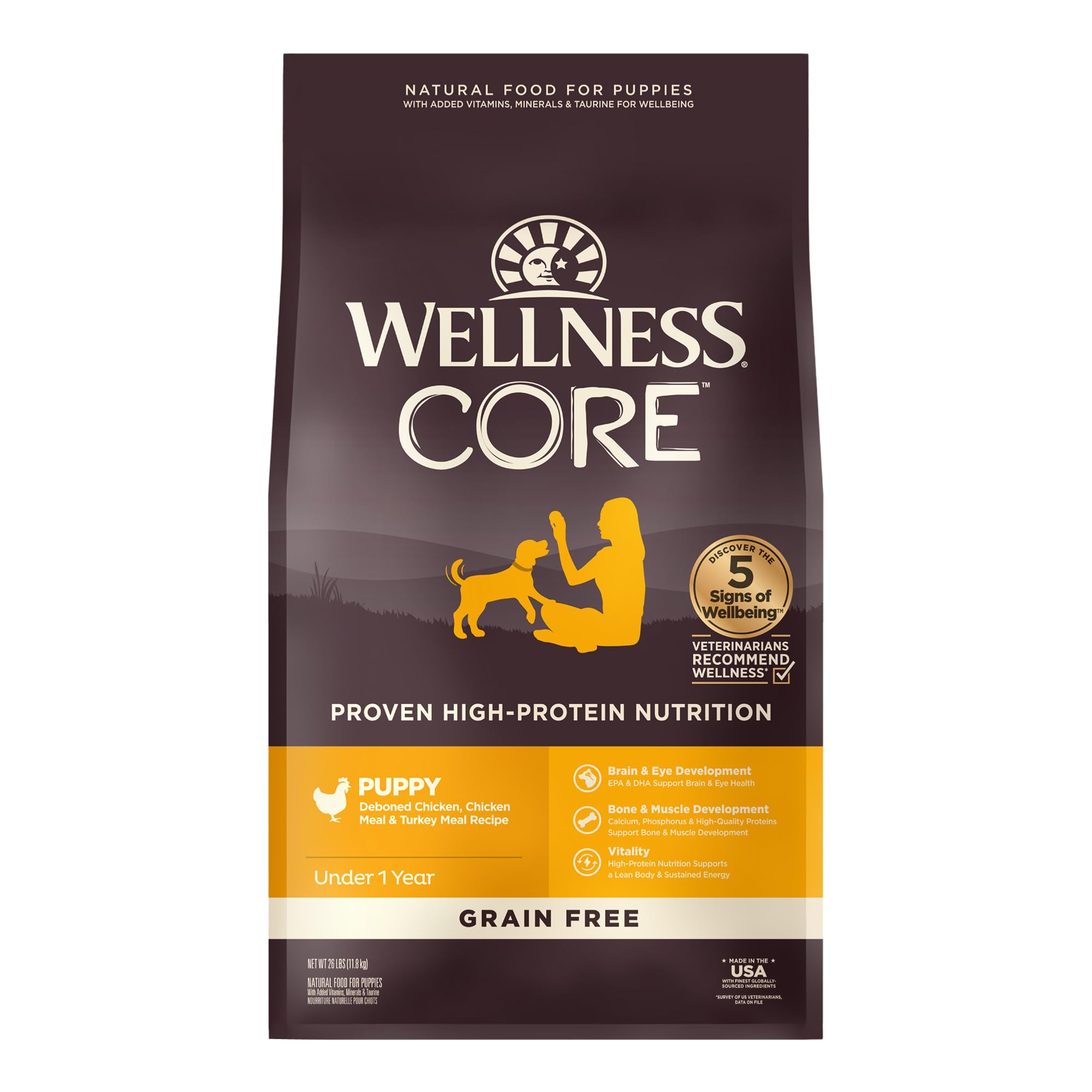 Wellness CORE Grain-Free High Protein Puppy Dry Dog Food - Natural Chicken & Turkey Recipe (26-Pound Bag) | Premium Nutrition for Growing Puppies | Perfect for Active Dogs & Training Rewards