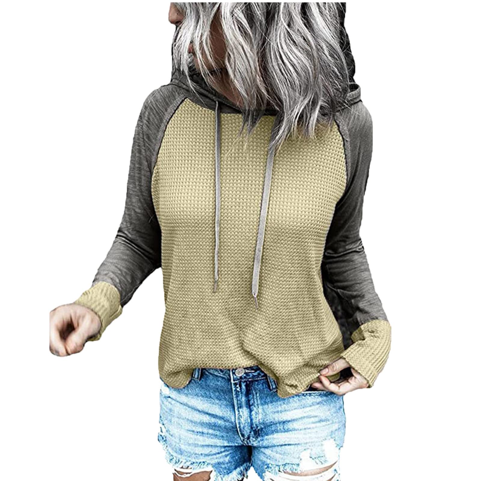 Women's Patchwork Waffle Hoodie Pullover - Long Sleeve Drawstring Casual Sweatshirt for Fall | Loose Fit Hooded Sweater Blouse for Everyday Wear & Cozy Outfits
