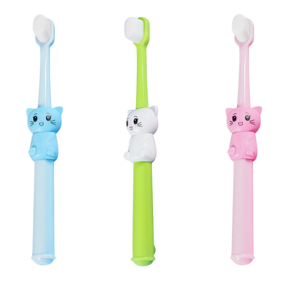 **Healifty 3-Pack Cartoon Cat Toddler Toothbrushes - Soft Bristle Kids Toothbrush Set for Home & Travel (5.51 Inch) - Perfect for Daily Brushing, School, and Family Trips**