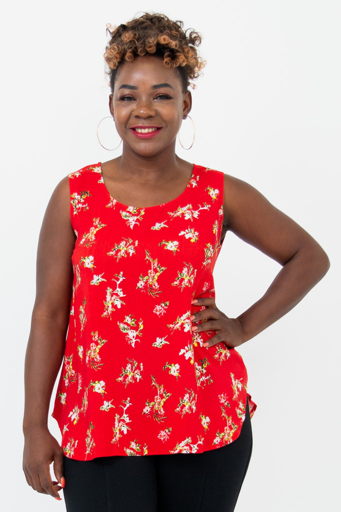 Jimmy Tank Top - Red Ditsy Floral Print Linen Bamboo Blend Women's Casual Shirt for Summer Outfits & Beach Wear
