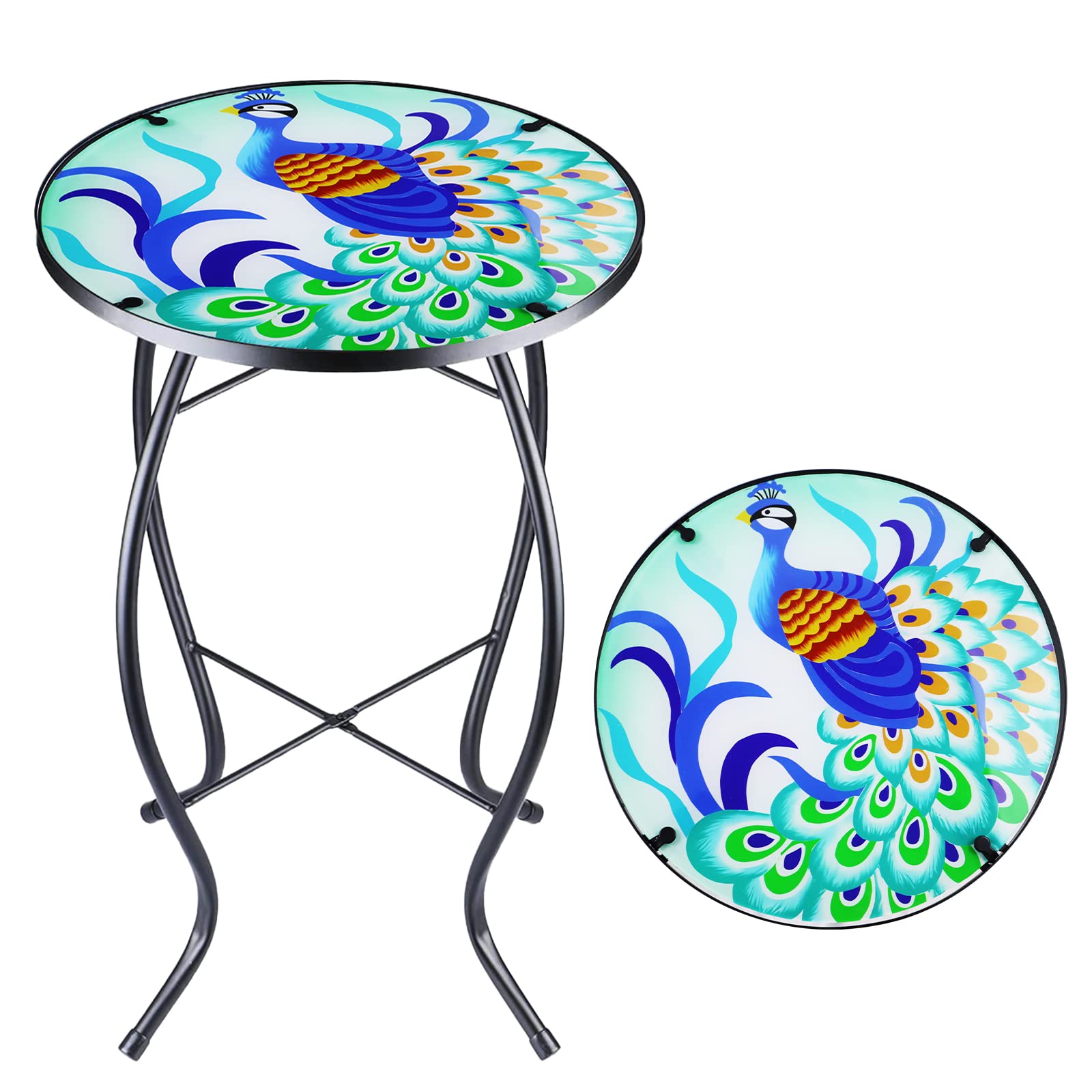 14 Inch Colorful Peacock Glass Mosaic Outdoor Side Table - Round Patio Coffee Table for Living Room, Balcony, Garden - Perfect for Tea Time, Plant Display & Outdoor Relaxation