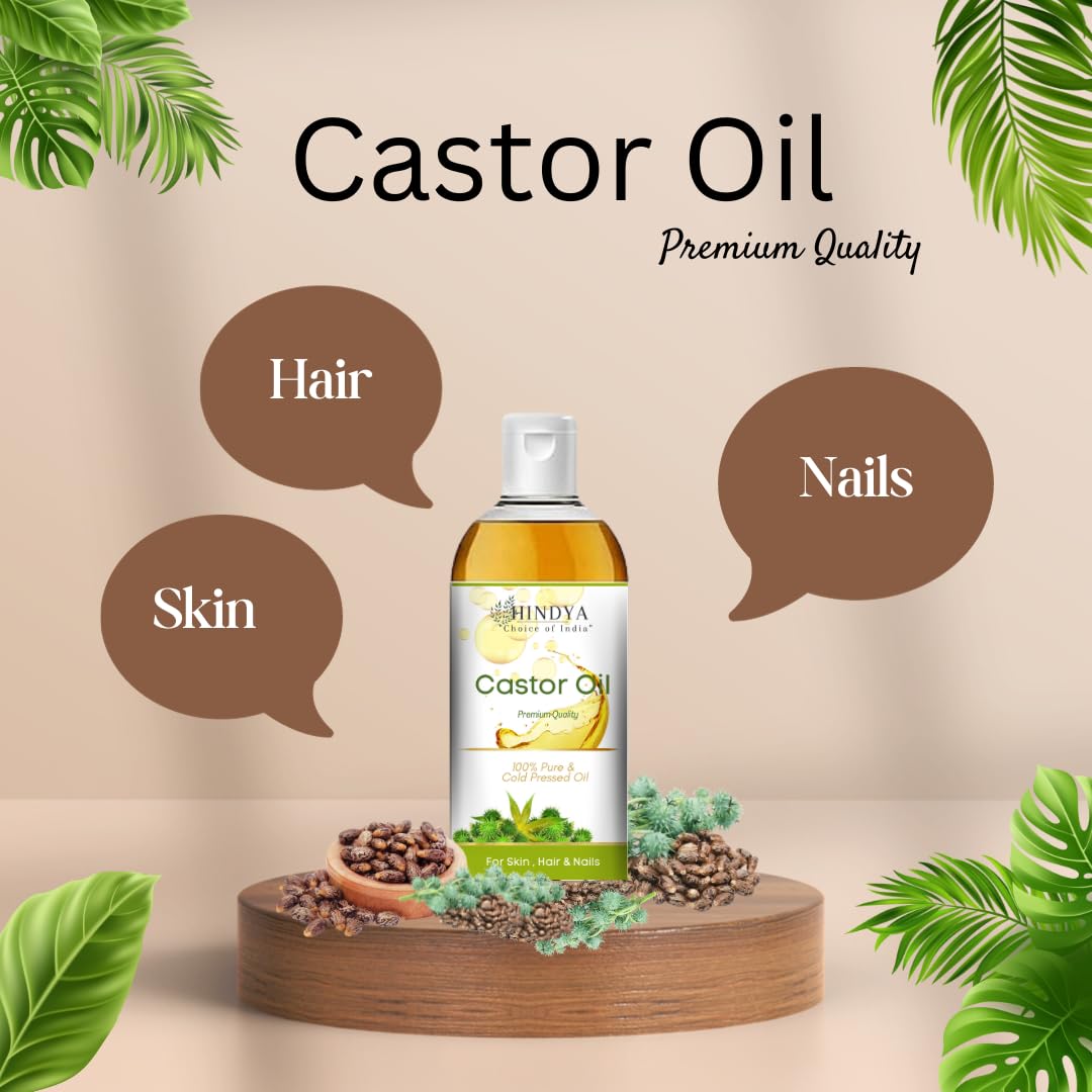 Hindya Ayurvedic Luxury Castor Oil - 100% Natural Cold Pressed Hair & Skin Care Oil | Virgin Grade for Dry Skin, Nails & Eyelash Growth | No Mineral Oil & Silicones | Perfect for Daily Hair Treatment & Natural Beauty Routine