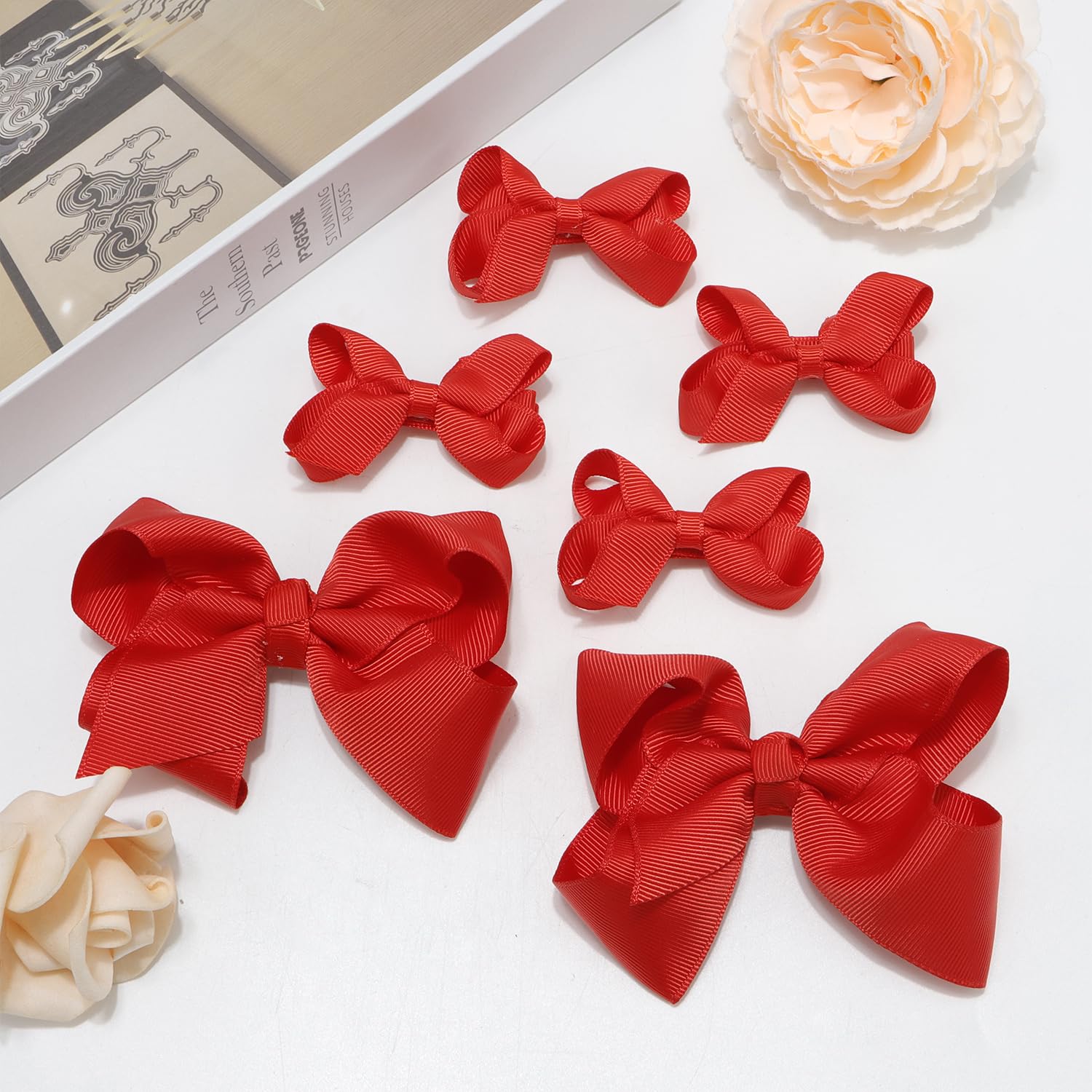 6PCS Handmade Grosgrain Ribbon Hair Bows with Alligator Clips - Red Hair Accessories for Girls, Toddlers & Kids | Perfect for Christmas Gifts, Birthday Parties, School Events & Daily Hair Styling