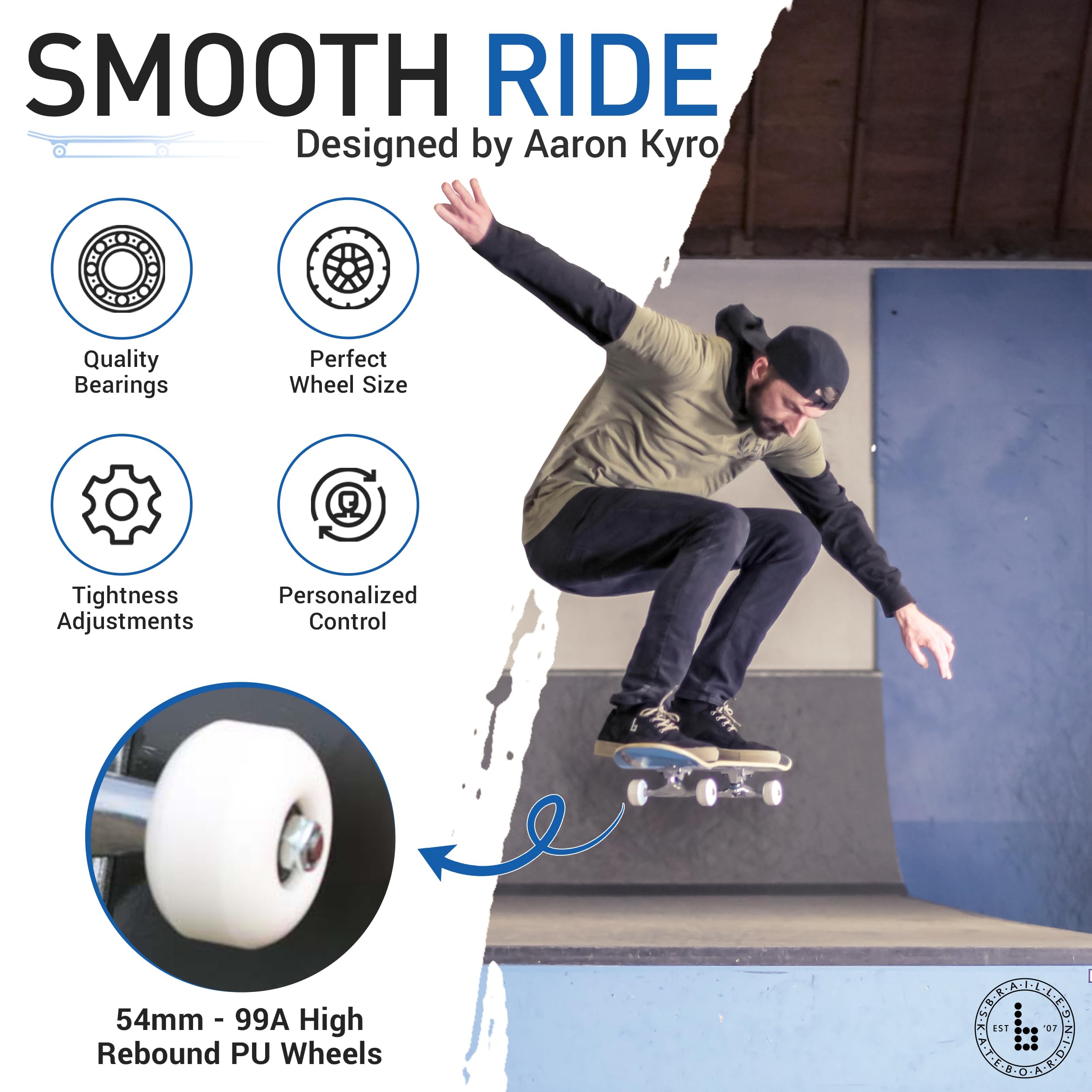 Braille Complete Skateboard for Adults & Kids - 31.5 Inch Professional Skateboard Deck for Tricks, Street & Park Riding - Perfect for Teens, Boys & Girls Learning Skateboarding