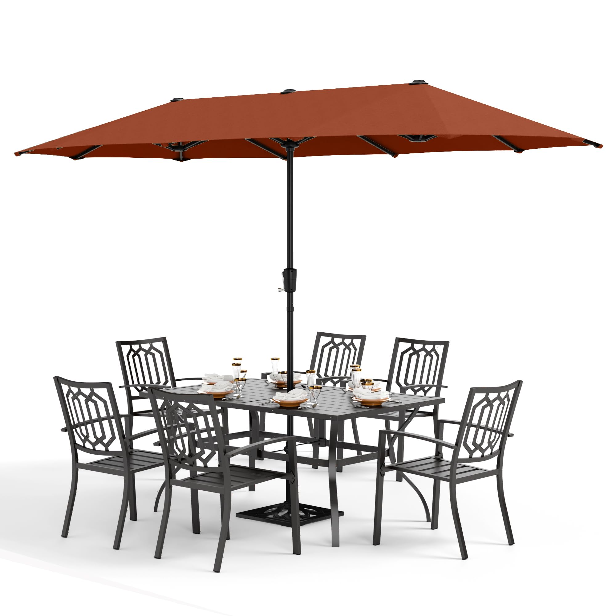 PHI VILLA 8-Piece Outdoor Patio Dining Set with 13ft Double-Sided Sun Umbrella (Orange Red) - 6 Stackable Metal Chairs & 60