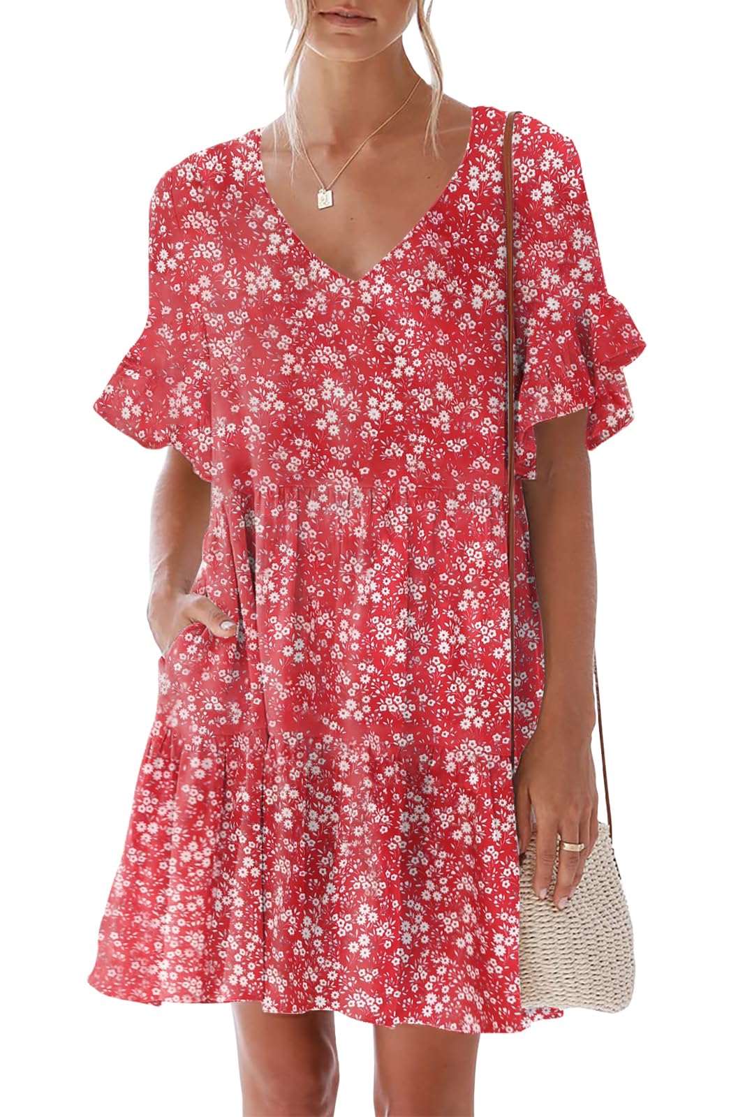 Nclook Women's 2025 Summer Casual Dress - Sweet Cute V-Neck Mini Dress with Pockets, Short Sleeve Ruffle Floral Sundress for Beach, Party & Daily Wear