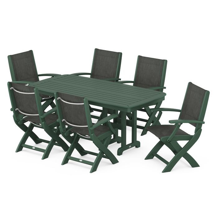 POLYWOOD Coastal Folding Arm Chair 7-Piece Outdoor Dining Set - Perfect for Patio, Deck, Poolside & Beachfront Entertaining