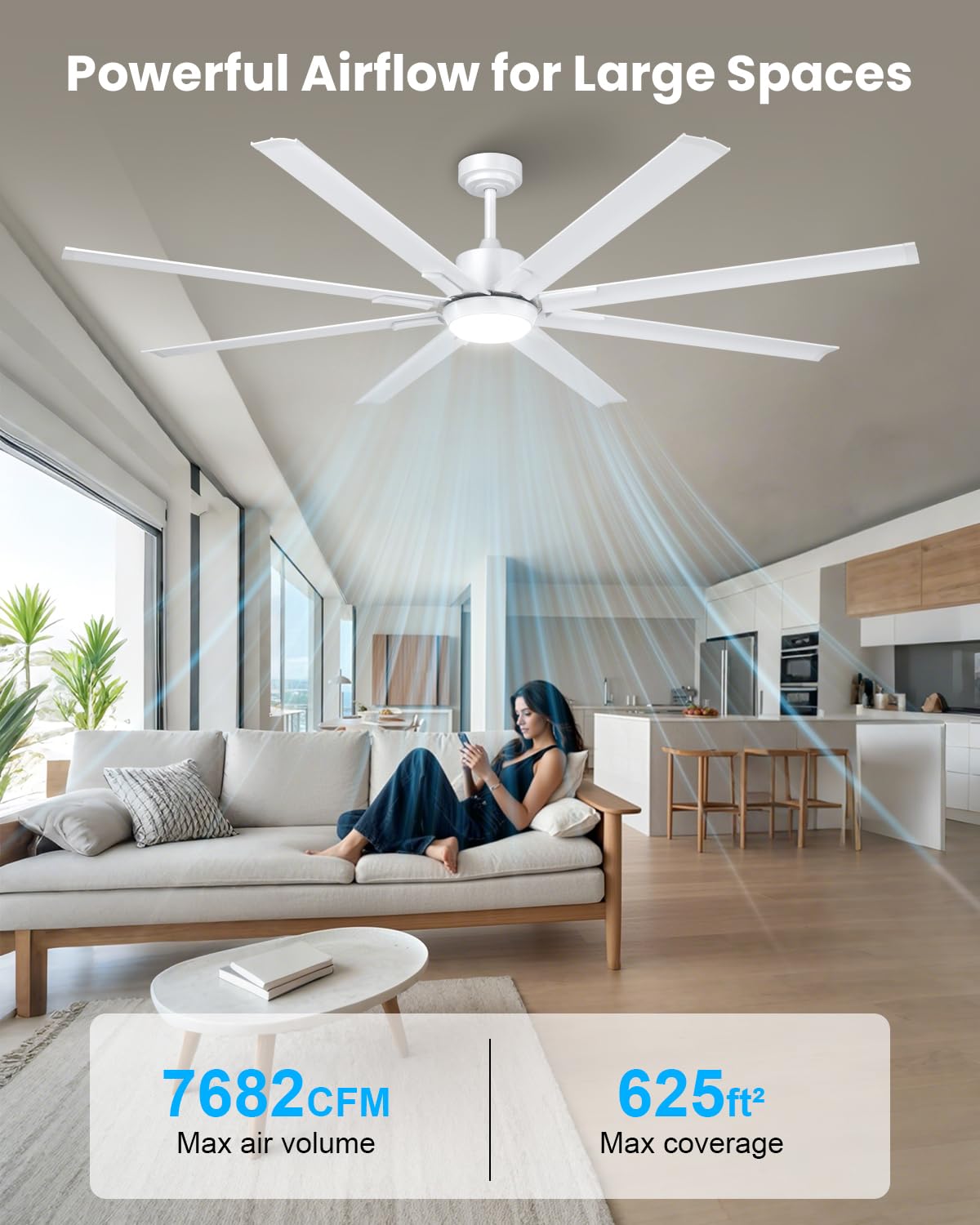 72 Inch Large Industrial Ceiling Fan with Light & Remote - 8 Aluminum Blades, Energy Efficient DC Motor, Reversible Airflow - Perfect for Living Room, Patio, Garage, Warehouse & Commercial Spaces - White - Ideal for Cooling Large Areas, Improving Air Circulation & Enhancing Home/Office Decor