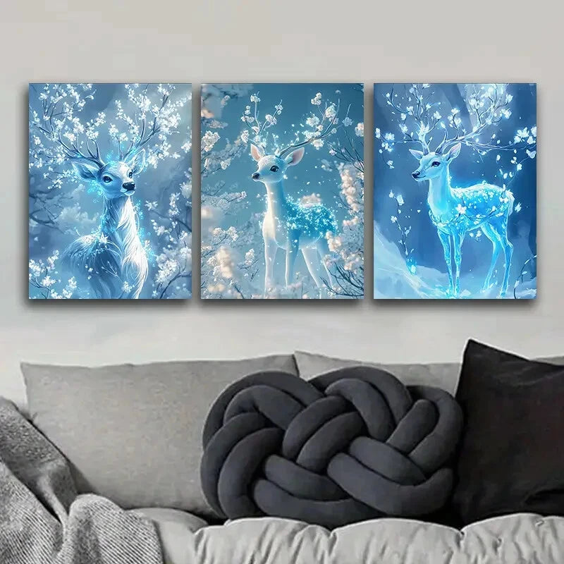 3pcs Ice Blue Deer Metal Wall Art Prints - Ready to Hang Home Decor for Living Room, Bedroom & Office